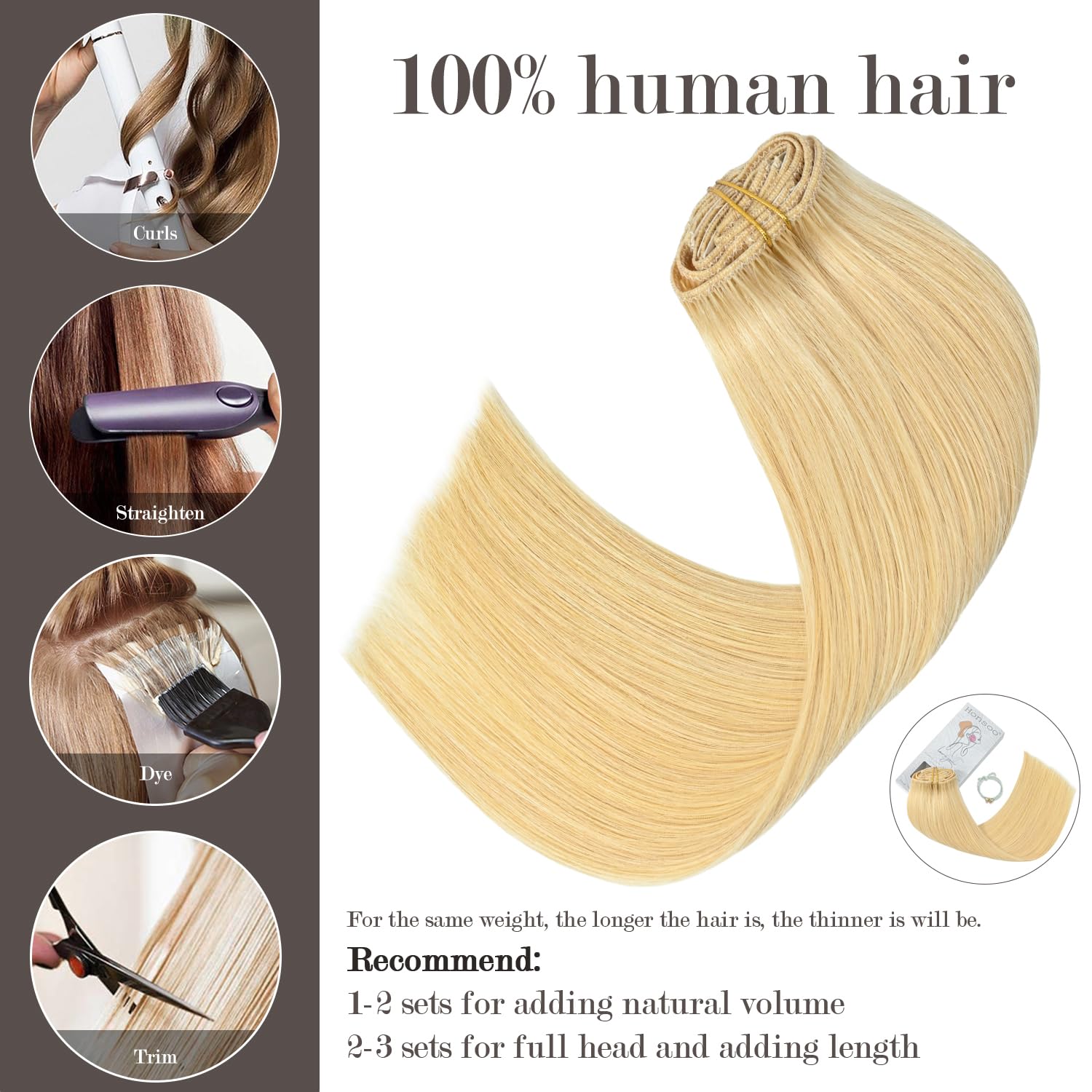 Honsoo Clip On Real Human Hair Extensions 70g Bleach Blonde 7pcs 15in Silky Straight Hair Double Weft No Shedding For Full Head Stunning Hair