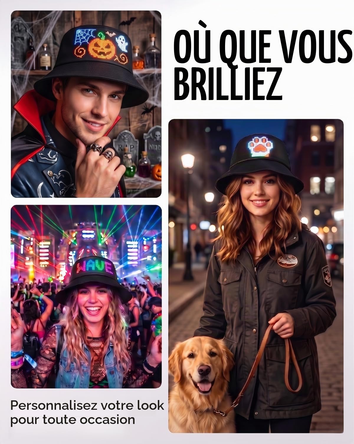 Bob LED Lumineux Bucket Hat Programmable Via App, Chapeau Bluetooth avec Écran à Défilement de Texte, Style Cyberpunk Tenue de Festival Rave pour Homme Femme, USB-C Noir