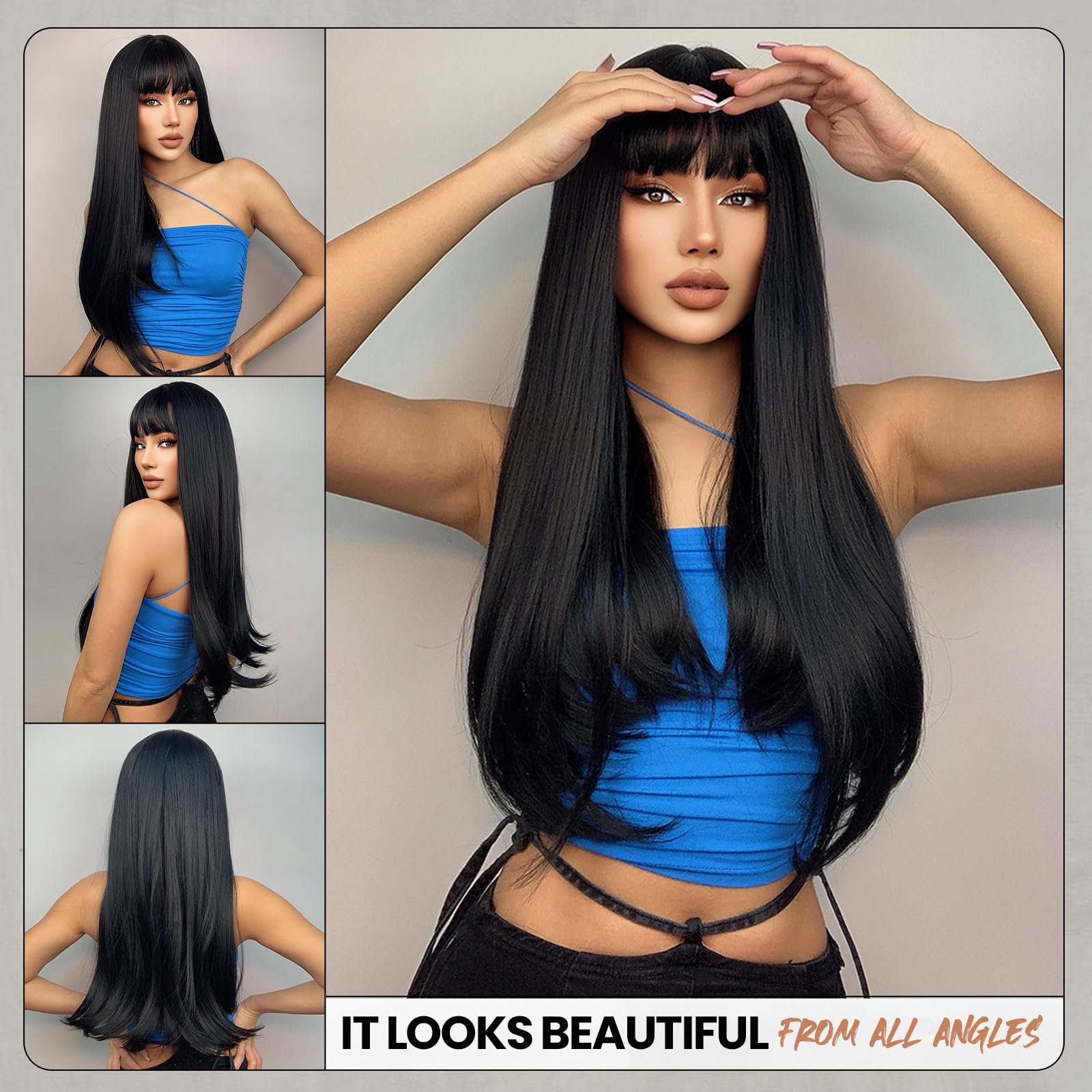 EMMOR - Parrucche da donna con morbidi capelli lunghi lisci e frangia, capelli sintetici dall’effetto naturale, per feste e cosplay (circa 66 cm, colore nero)
