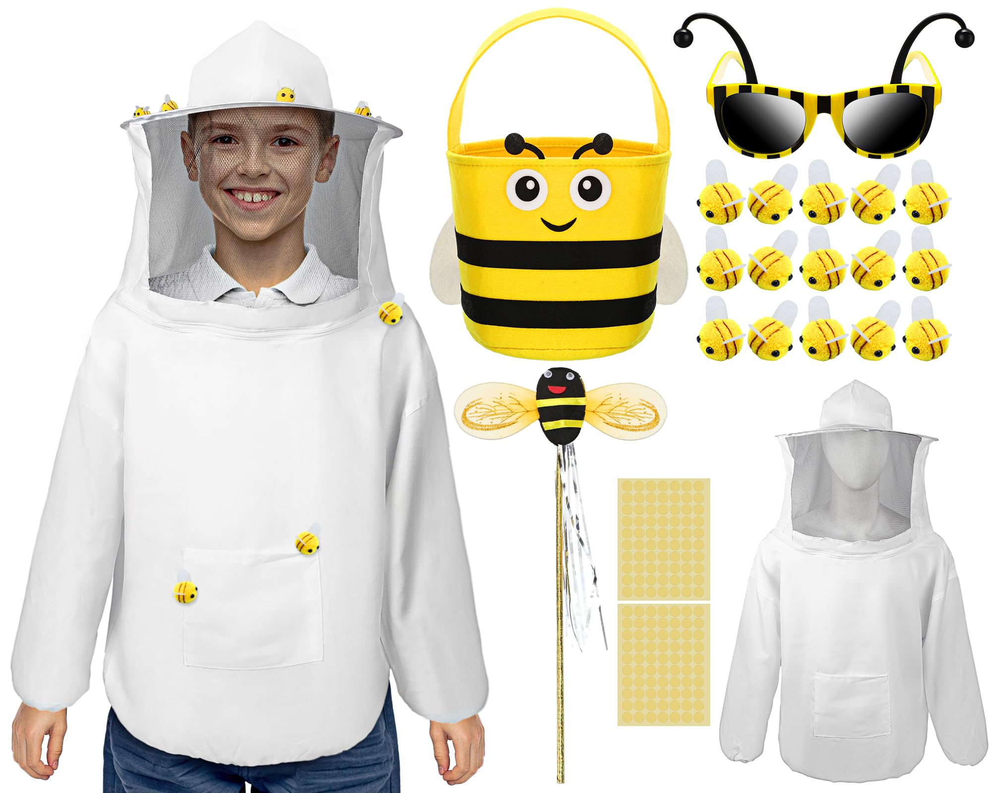 Photo 1 of 25 Pcs Beekeeper Set Include Breathable Beekeeper Suit and 20 Cute Felt Bee, Bee Felt Bags, and Bee Novelty Sunglasses, Wand, 1 Sheet Round Double Sided Tape for Halloween Beekeeper Cosplay Party