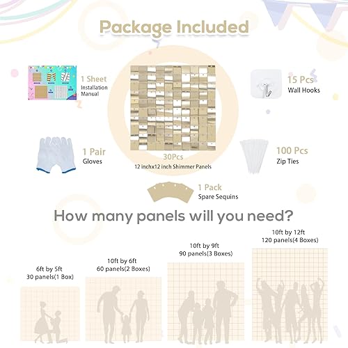 Miniatura 3 de Paquete de 30 paneles de fondo de pared brillantes dorados claros para fiestas, bodas, cumpleaños, compromisos, fiestas, aniversario (6 x 5 pies)