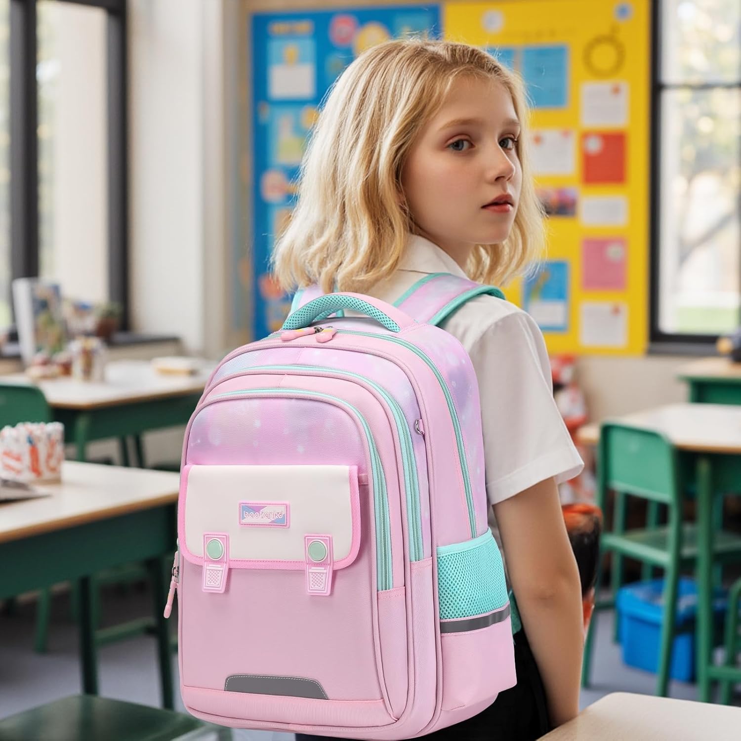 mygreen Cute Girls Backpack with Safety Whistle & Reflective Strip - Large Capacity School Bag for Ages 6-12 | Ergonomic Design | Water-Resistant Pink - Image 2