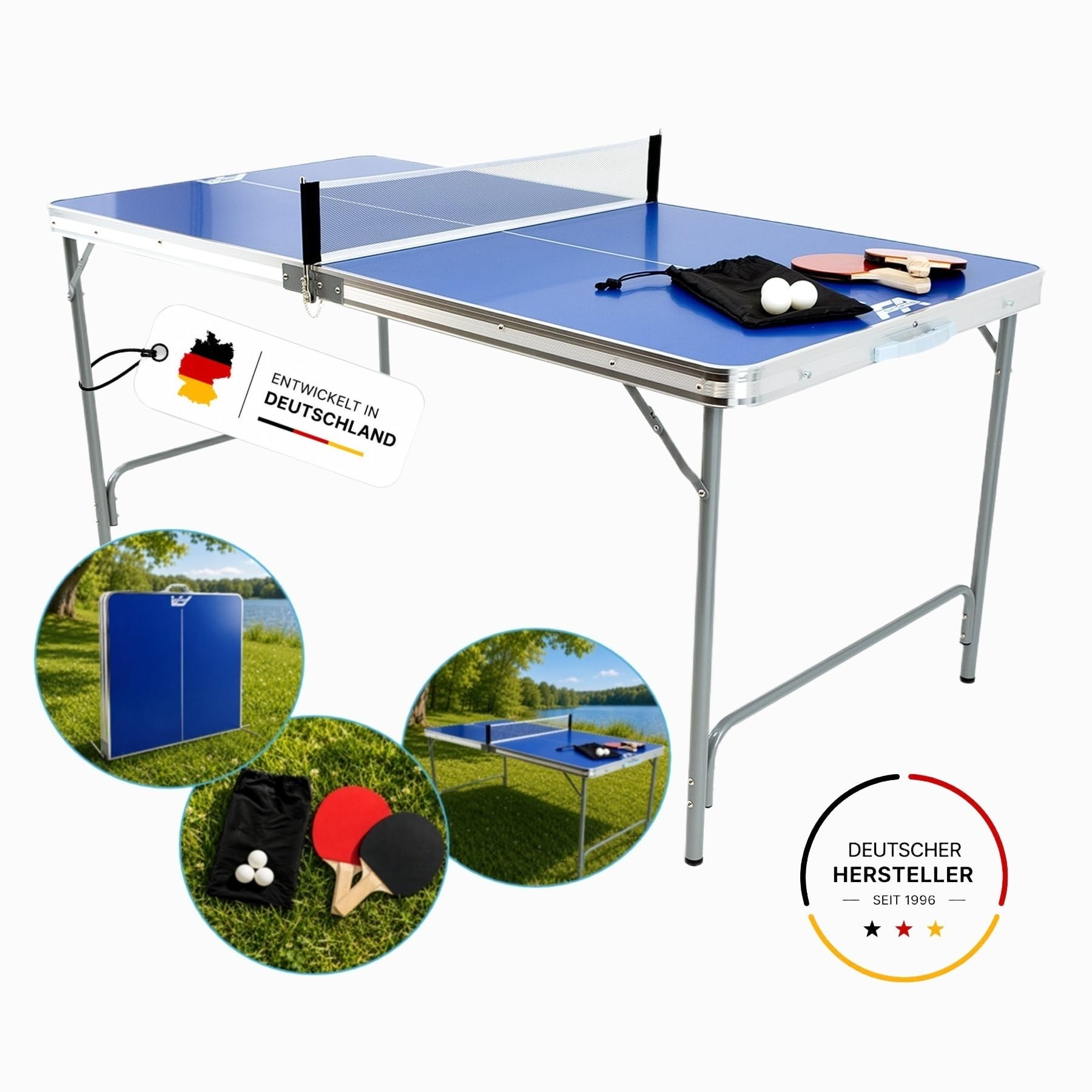 Tischtennistisch klappbar Fabula für Kinder und Jugendliche, Indoor & Outdoor Tischtennistisch midi groß 165x84x72, FASports Tischtennisplatte faltbar mit Netz, Schläger, Ball