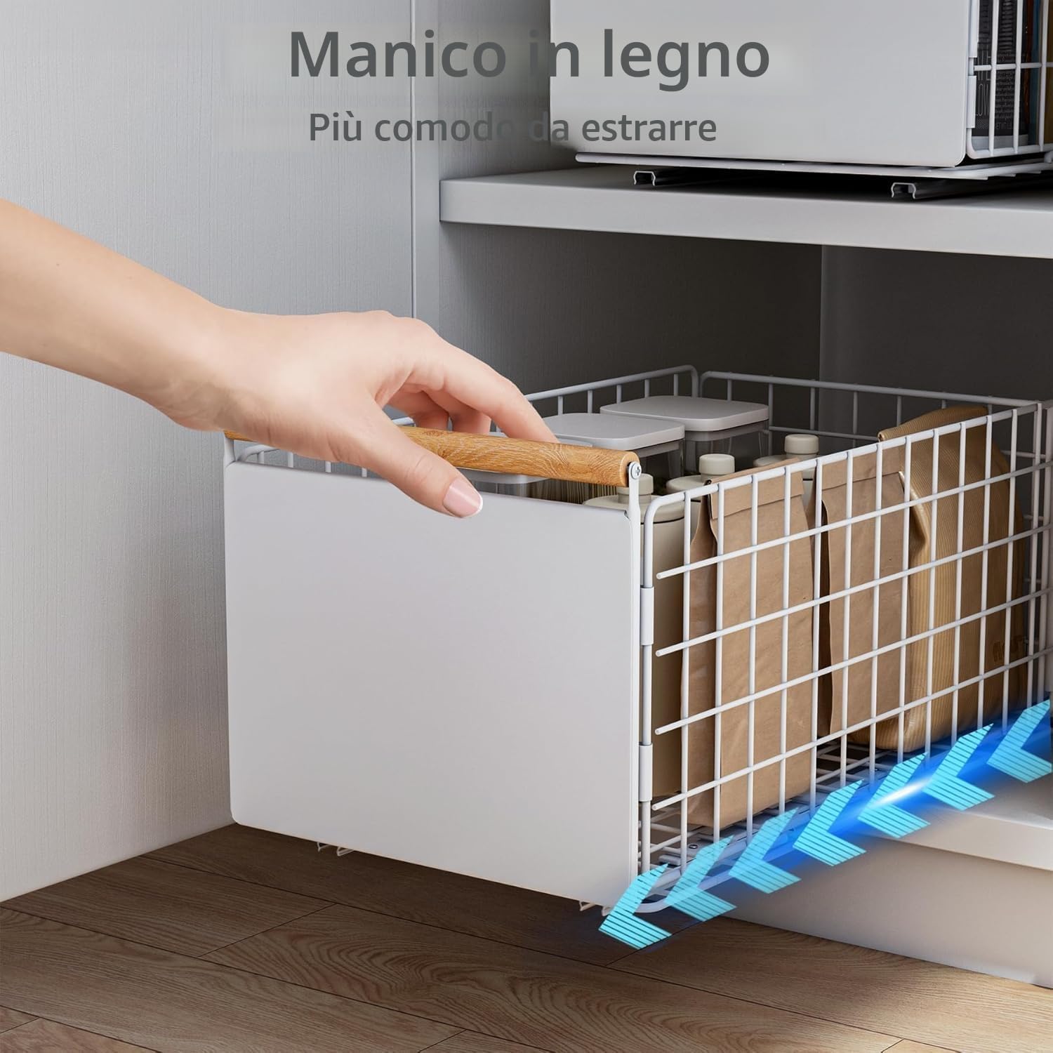 2 cassetti telescopici da cucina, cassetti estraibili, organizer per cassetti più profondi, con guide per e manico in legno, per mobili da cucina, senza fori (bianco)