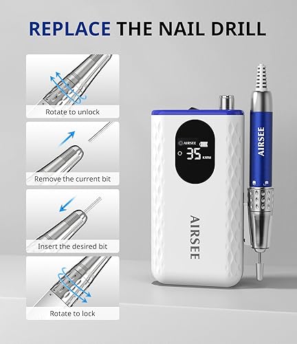 Miniatura 5 de AIRSEE Taladro de uñas profesional actualizado, máquina Efile inalámbrica recargable para extensión acrílica, polvo de inmersión de gel, potente y