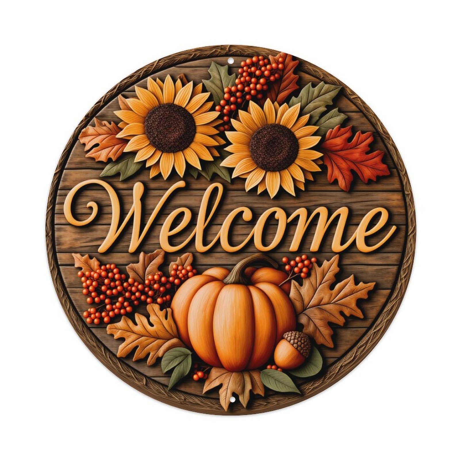 Welcome Autumn Sunflower Pumpkin Leaves Round Tin Sign Retro Metal Sign for Cafe Bar Pub Home Game Room Gym Club Wall Decoration Vintage Metal Poster 8x8 Inch