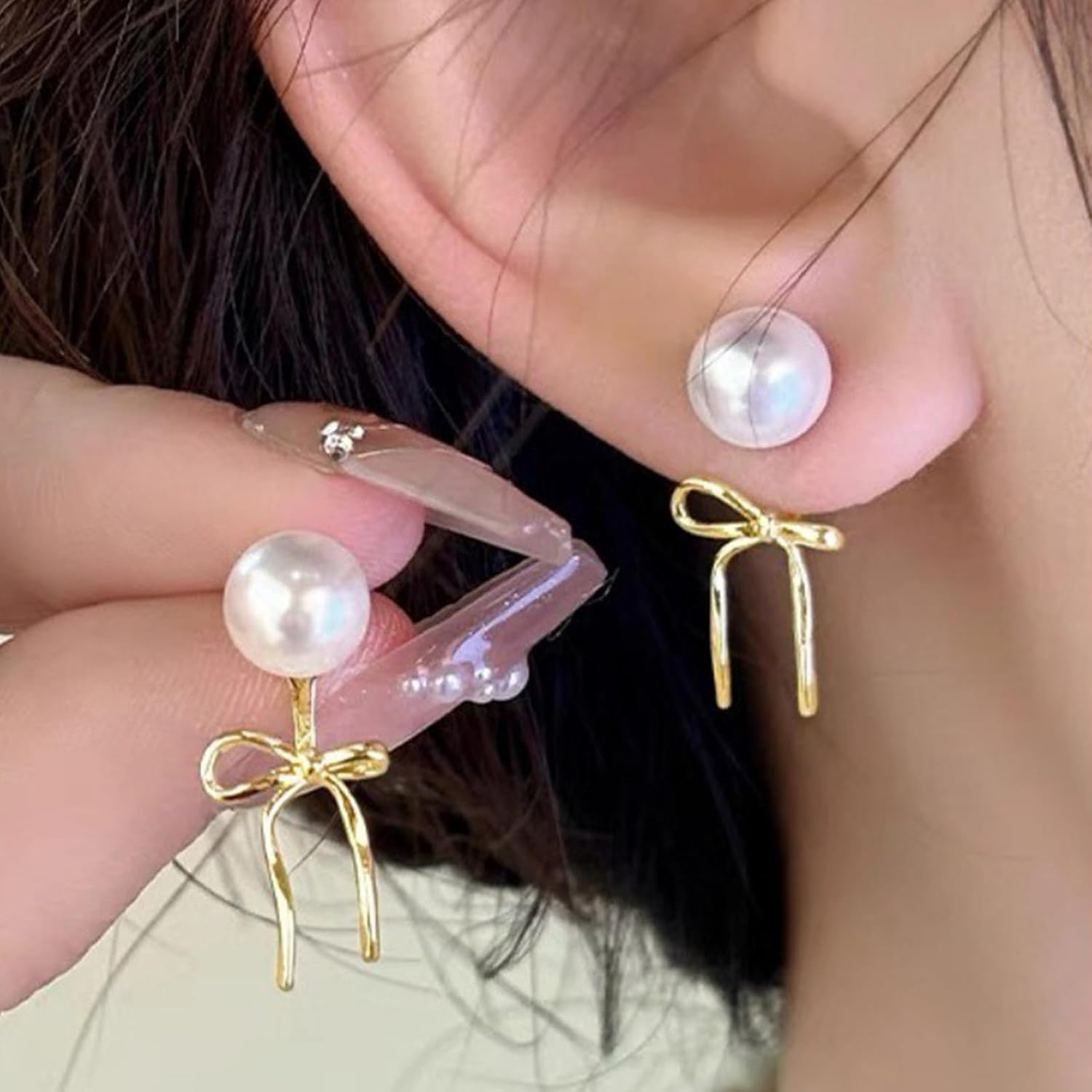 Bow Earrings for Women Pearl Rhinestone Bowknot Drop Earrings Lightweight Hypoallergenic Christmas Jewellery Gift - Image 3