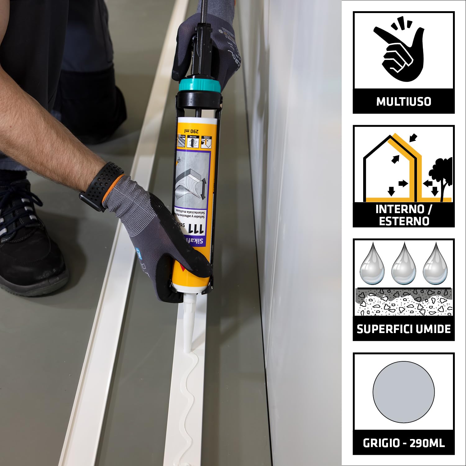 SIKA - Sigillante adesivo multiuso - Sikaflex-111 Stick & Seal, Grigio - Ideale per esterni, resistente e flessibile - La soluzione pronta all'uso per ogni fissaggio - 290ml