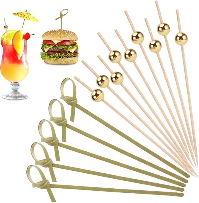 Cocktail Picks, 100 Counts 4.7 Inch Bamboo Knot Skewers