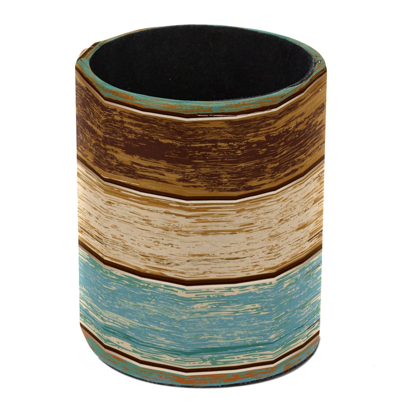 Luoweisi Retro Rustic Barn Wood&Teal Green Brown Pen Holder for Desk, Leather Pen Pot, Desk Pencil Holder Round Makeup Organiser Home Office School Suppliers โ image 1