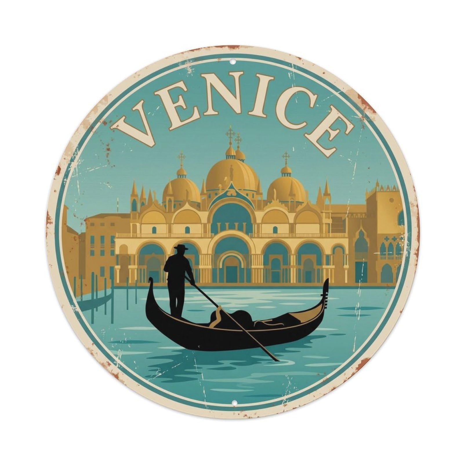 Classic Venice Gondola Canal Italy Lagoon Travel Heritage Metal Tin Sign Plaque Wall Decor for Cafe, Man Cave, Club Bar, Office, Home Garden Round Metal Poster 8x8Inch