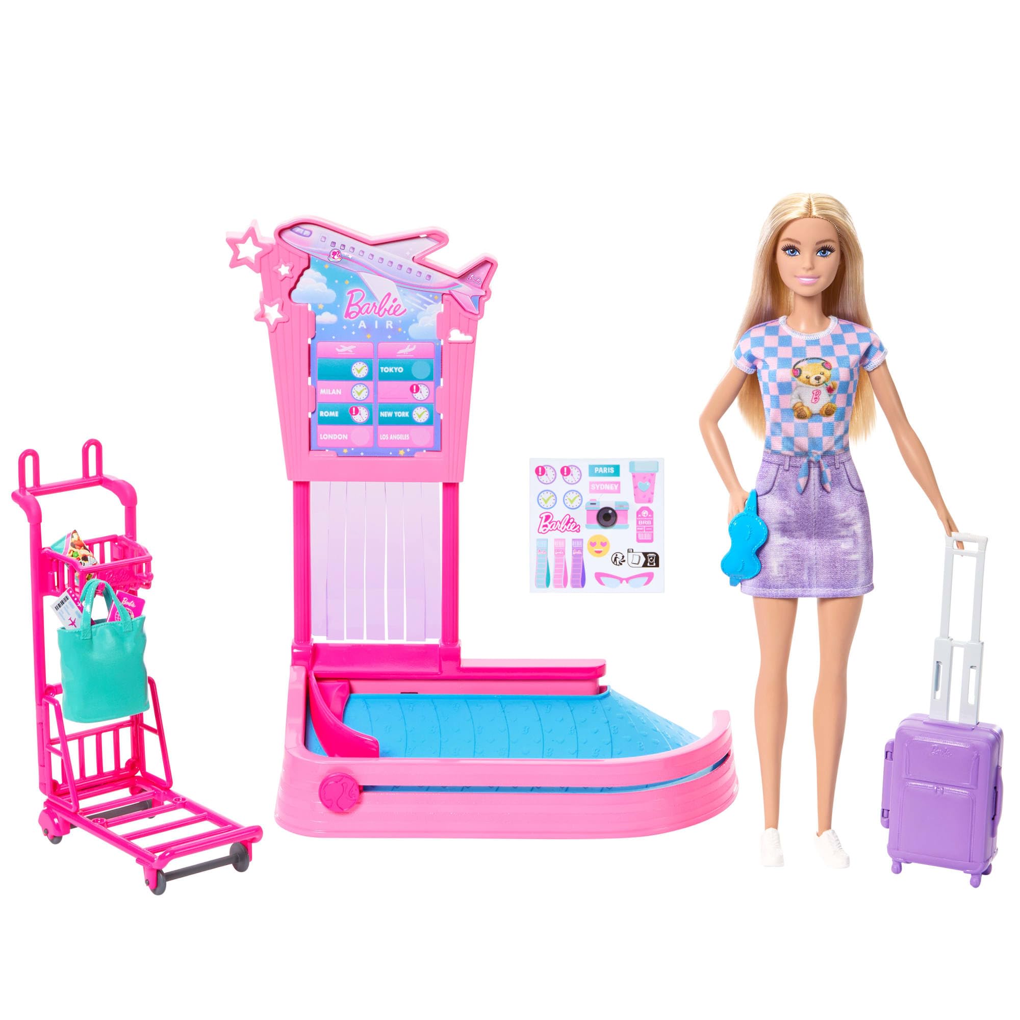 Barbie ‘Malibu’ Family & Friends Limitless Adventure Blonde Fashion Doll with Baggage Claim, Luggage, Trolly, Conveyer Belt and Carry-On, JMJ49