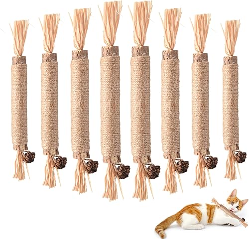 FRIUSATE Paquete de 8 palitos dentales para gatos Silvervine palitos masticables para gatos, palitos de madera para limpieza de dientes, palo de