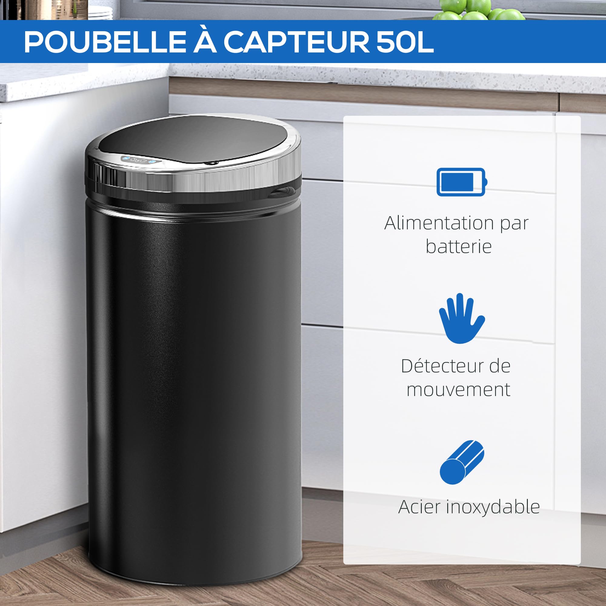 HOMCOM - Papelera automática con sensor de movimiento, 42 L, color negro | Papelera de cocina, acero galvanizado, bandeja interna extraíble