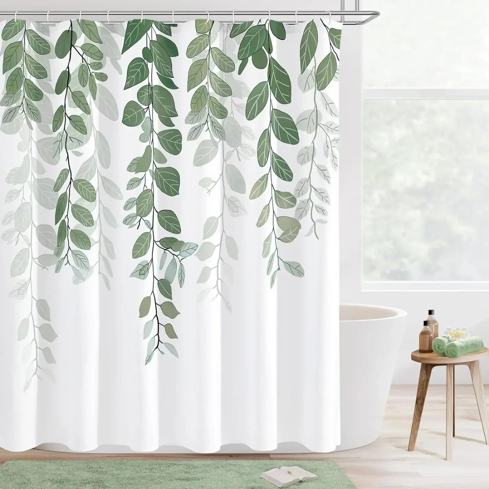 ZXBNNN Eucalyptus Leaves Shower Curtains Green Plants Leaf Modern Minimalist Nordic Bath Curtain Polyester Fabric Bathroom Decor Set 120x175cm(47.24x68.9in)