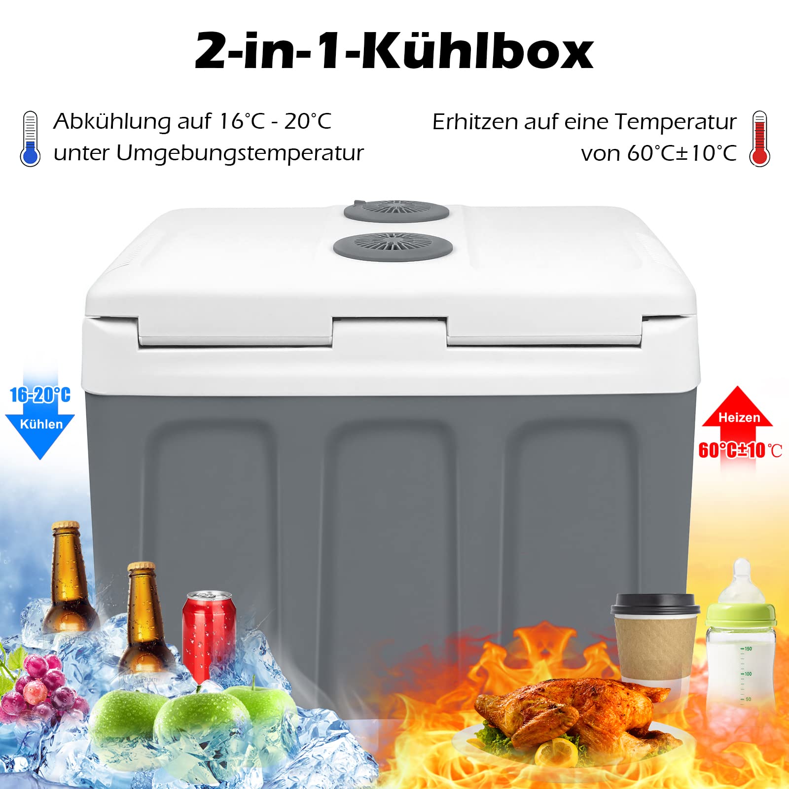 UISEBRT 48 Liter Kühlbox mit Rollen Tragbare Mini-Kühlschrank 12V 220V Thermo-Elektrisch Kühl- und Warmhaltefunktion ECO-Modus für Auto Boot Camping Grau