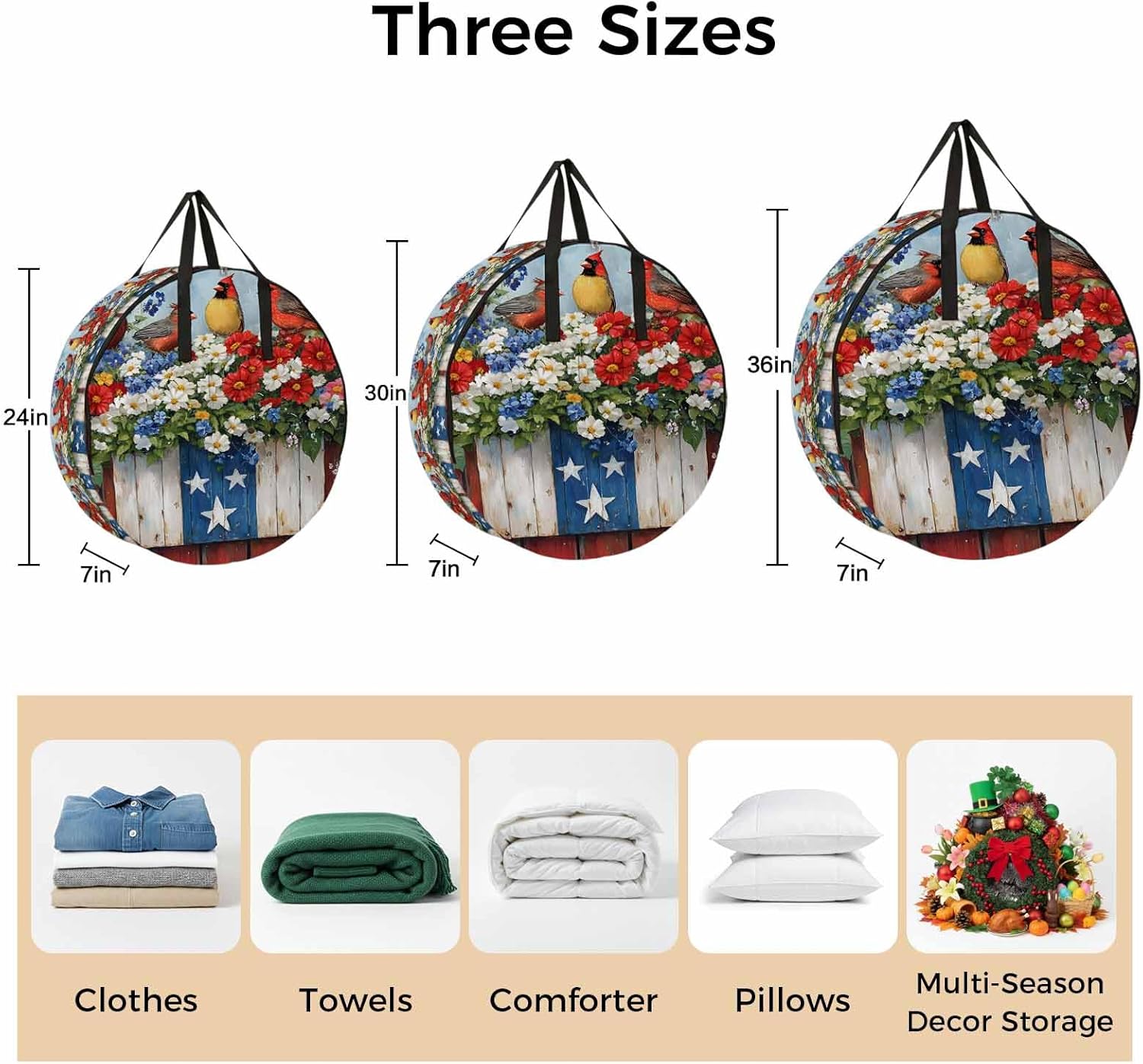 Cardinal Bird Poppy Round Storage Bag 36 Inch, 4th of July Patriotic USA Flag Clothes Storage Container with Handles Heavy Duty Organizer for Comforter, Bedding & Holiday Wreaths