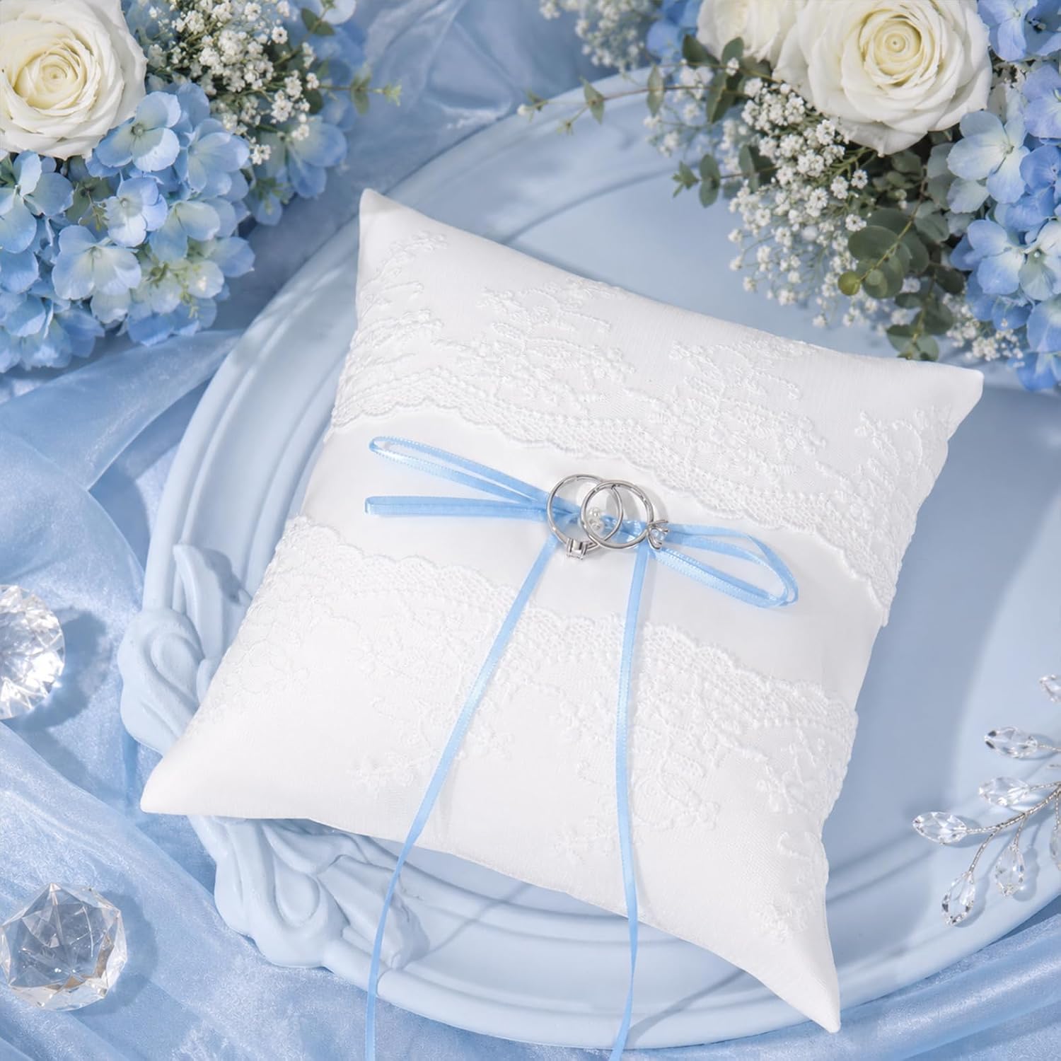 Whaline Wedding Ring Pillow, with Blue Bow & Lace Decor, 7.9 x 7.9 Inch