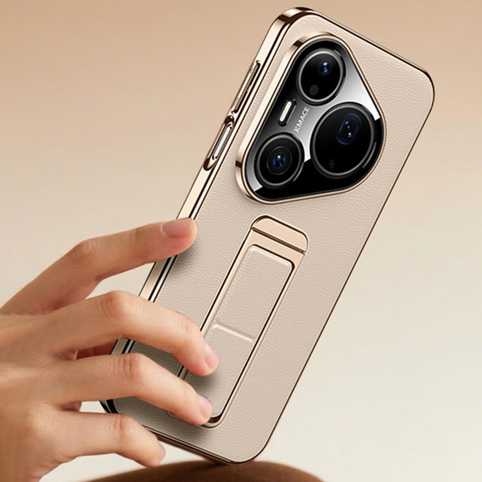 Smukłe etui do Huawei Pura 90 Pro Max / 90 Pro, luksusowe skórzane etui z galwanizowaną bransoletką i podstawką oraz pełną folią ochronną obiektywu aparatu, złoty, 90 Pro Max