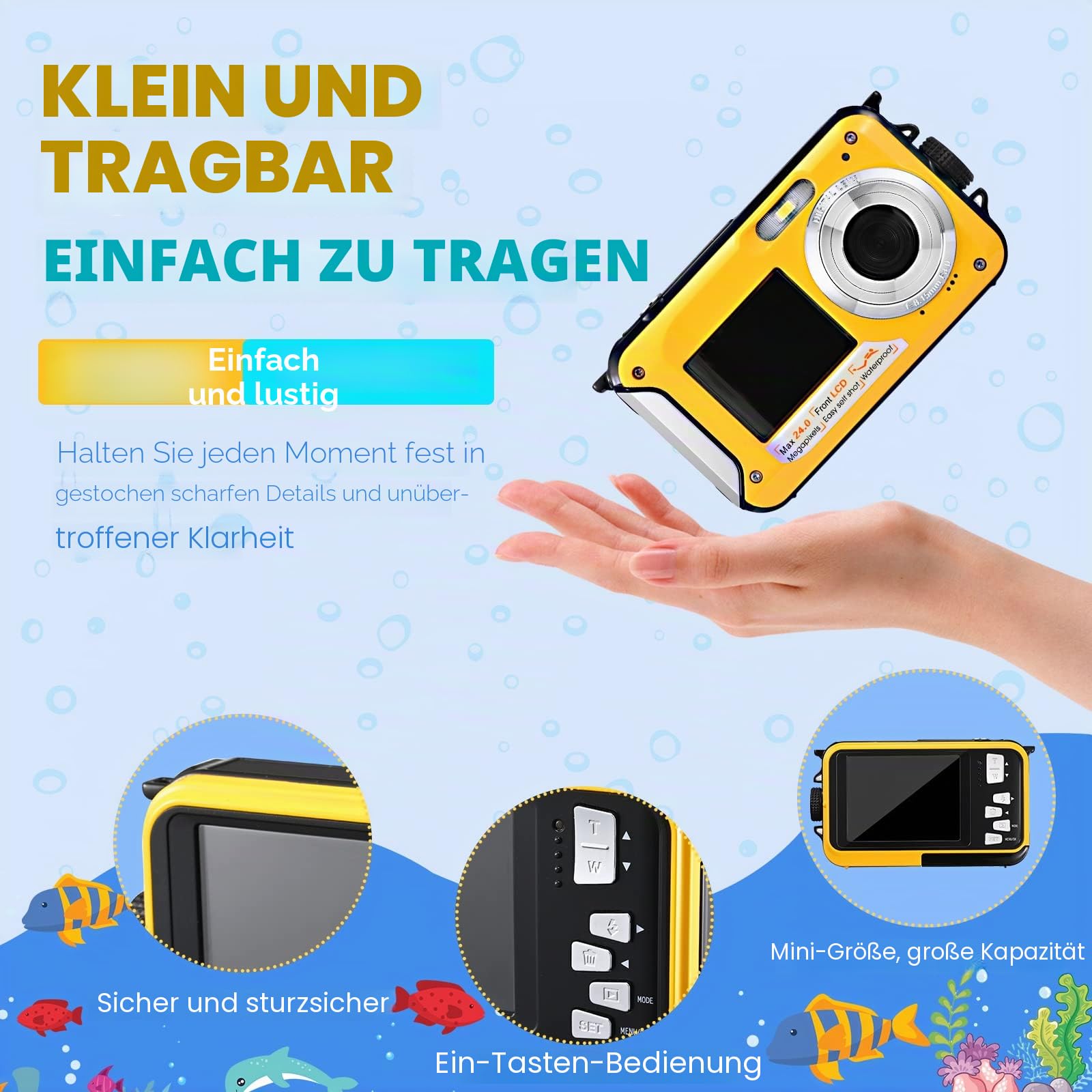 Digitalkamera, Wasserdicht, Full HD 2.7 K, 24 MP, Unterwasserkamera, 16 X Zoom, Wasserdicht, mit Doppelbildschirm, Autofocus für Jugendliche, Schüler, Anfänger, Gelb