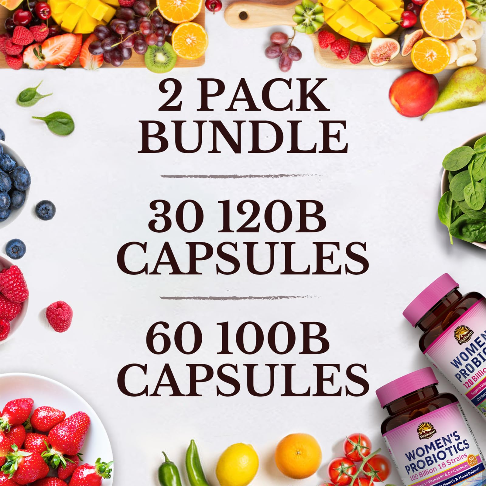 Vitalitown Probiotic Bundle (Pack of 2) | Women’s Probiotics 120 Billion (Item 1) & Women’s Probiotics 100 Billion (Item 2) | 30 Capsules & 60 Capsules