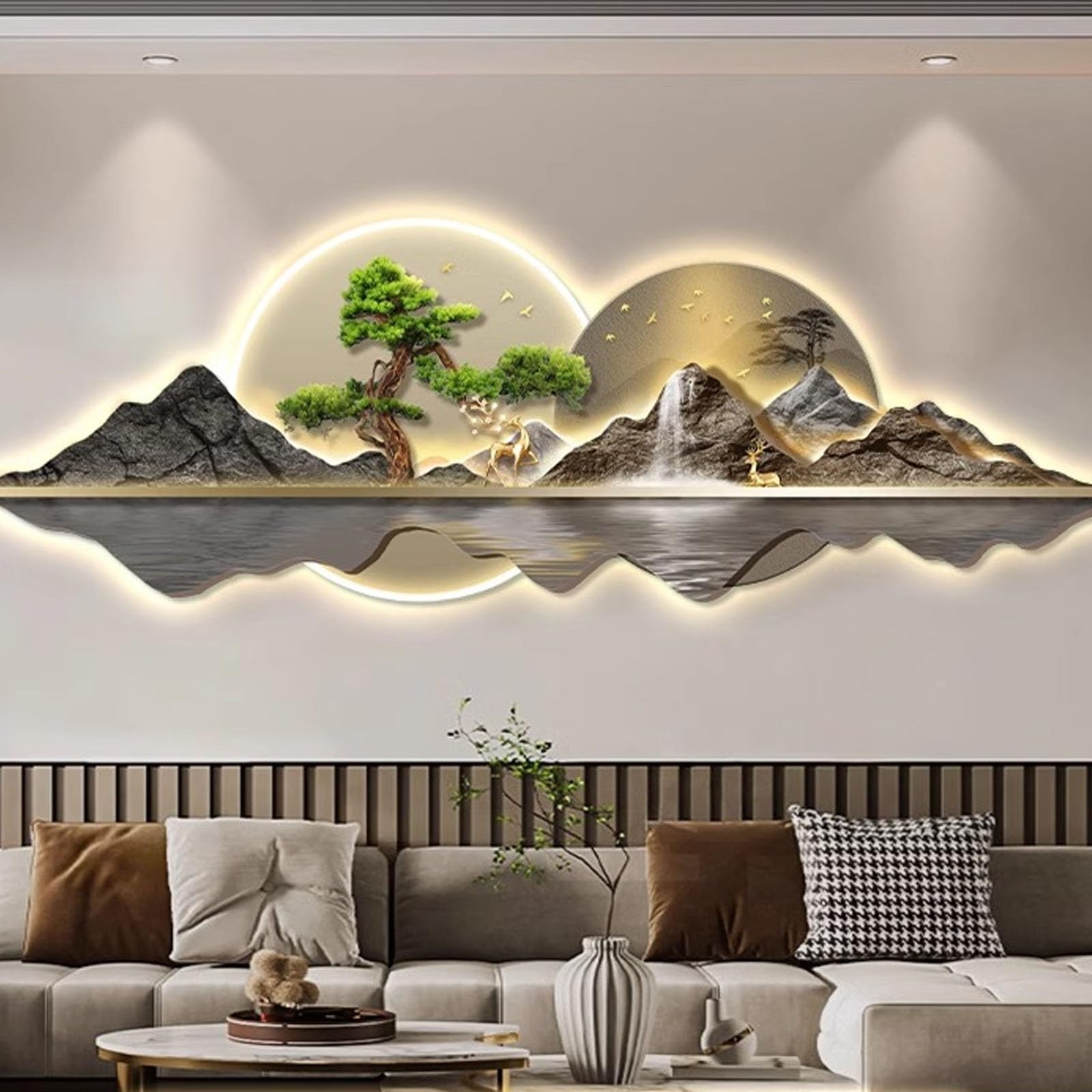 Wandkunst mit warmweißem LED-Licht，3D-Wandkunst LED-Beleuchtung – moderne chinesische Landschaftsmotive，Dekorative LED-Wandleuchten für Wohnzimmer,Schlafzimmer und Büros(B,150*50cm/59.1*19.7in)