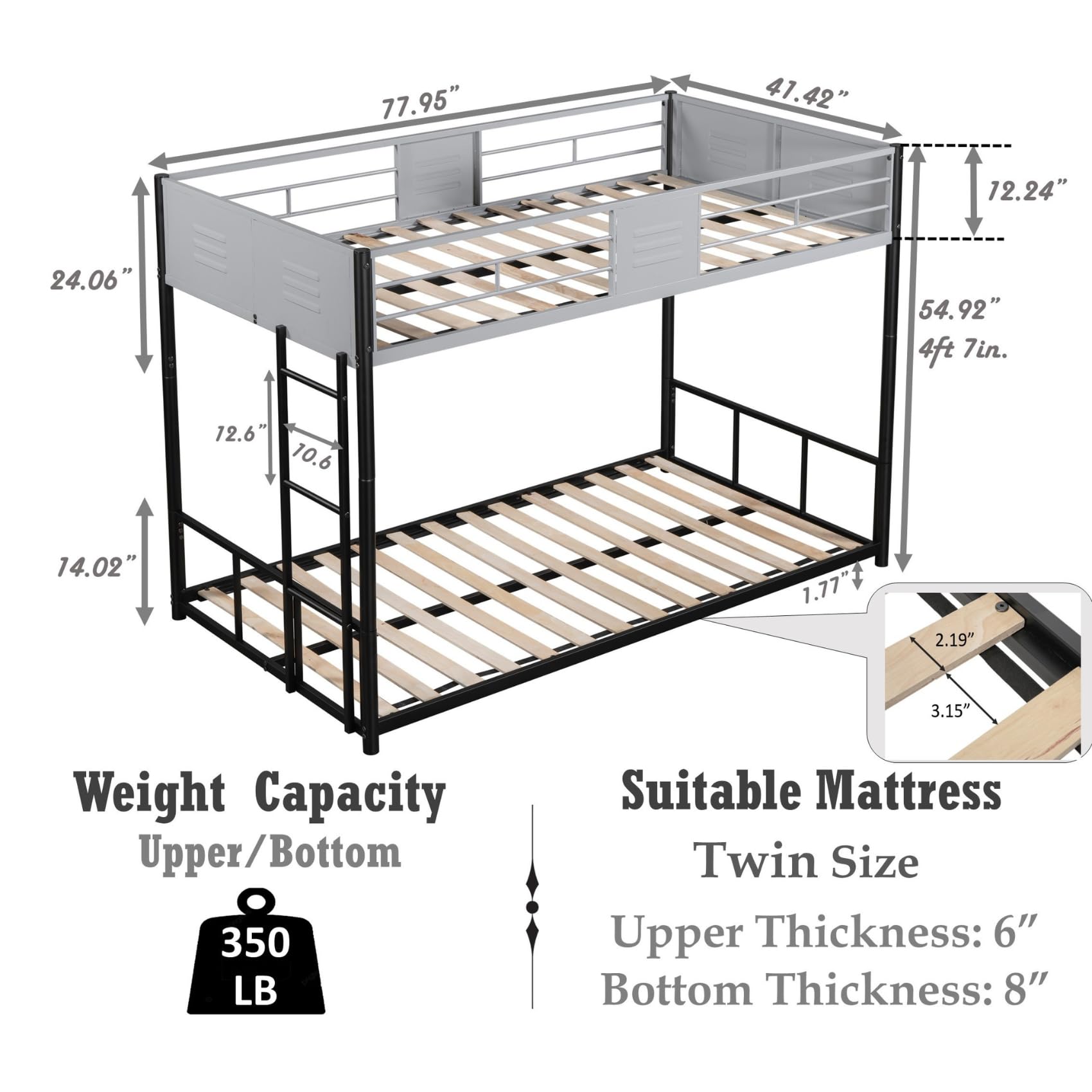HSUFLWS Twin Over Twin Bunk Bed with Full-Length Guardrail and Vent Board, Heavy-Duty Metal Bunk Bed Convertible into 2 Separate Twin Beds for Kids, Student Dorms – Black