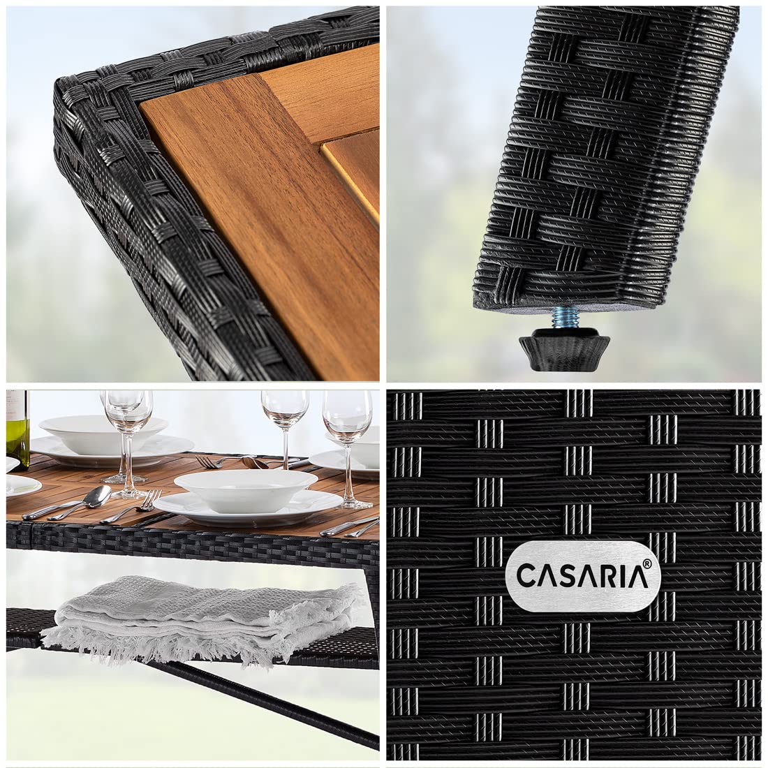 Casaria Tavolo da Giardino in Polyrattan Ripiano in Legno di Acacia 190x90x74cm Regolabile in Altezza per Esterno Pranzo Terrazza
