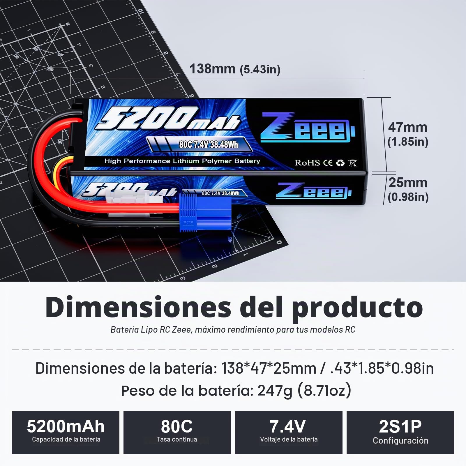 Zeee 2S Lipo - Batería para RC Evader Bx Auto Car Truck LKW Truggy RC Hobby (5200 mAh, 7,4 V, 80 C, con Conector EC5, Enchufe EC5, 2 Paquetes)