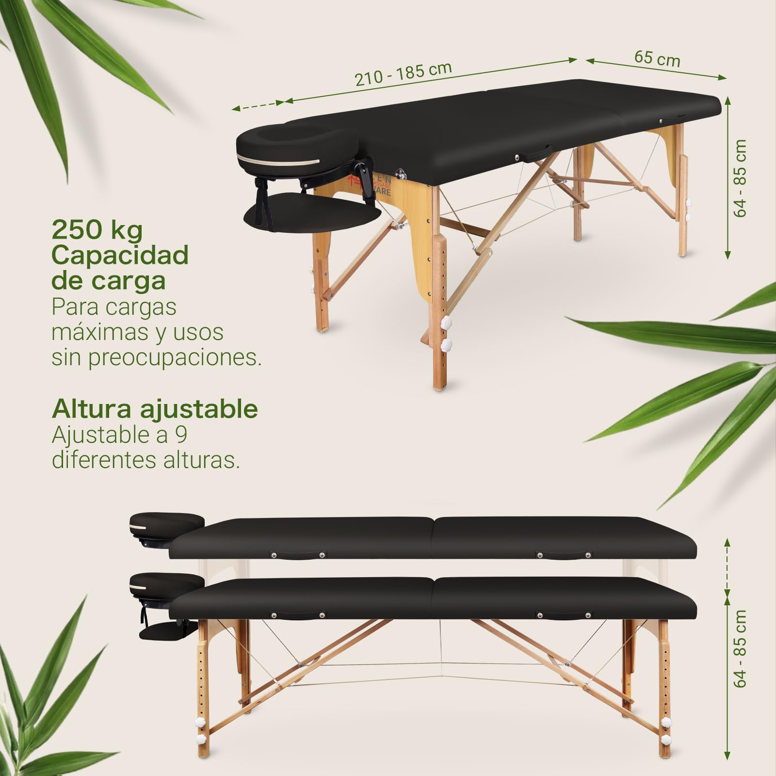Zen – Camilla Masaje Plegable Mobile Startup de Altura Regulable - Camilla estetica sólida de Madera Maciza - Camilla Plegable con cabecera Regulable, reposabrazos y Bolsa de Transporte Negro