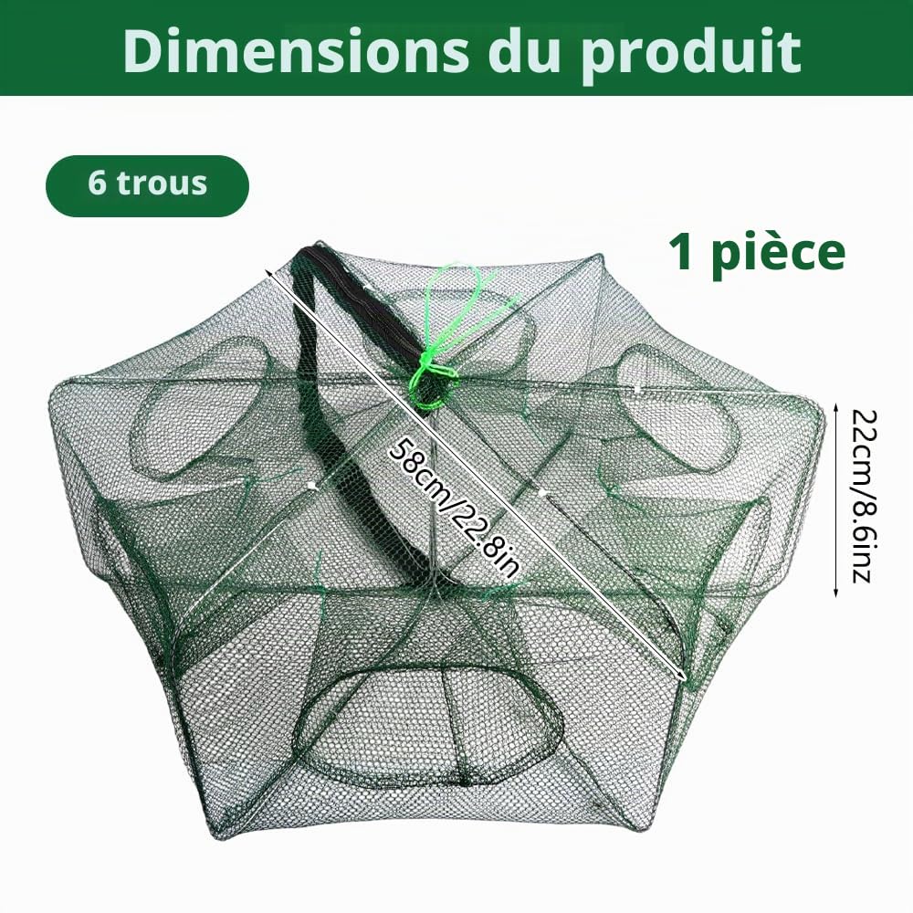 Piège à crevettes, 58 × 22 cm Poissons de crabe en nylon, filet de pêche automatique, 6 trous filet de pêche pliable en nylon, pour attraper les crabes, les homards, les crevettes et les crabes