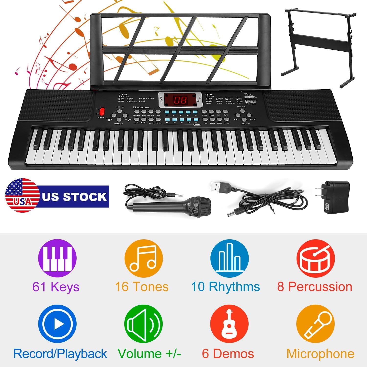TeqHome 61 Keys Keyboard Piano with Piano Stand, Height Adjustable Full Size Electric Piano Keyboard w/Microphone, Sheet Music Stand, Portable Electronic Keyboard Piano,Note Stickers,Built-In Speakers