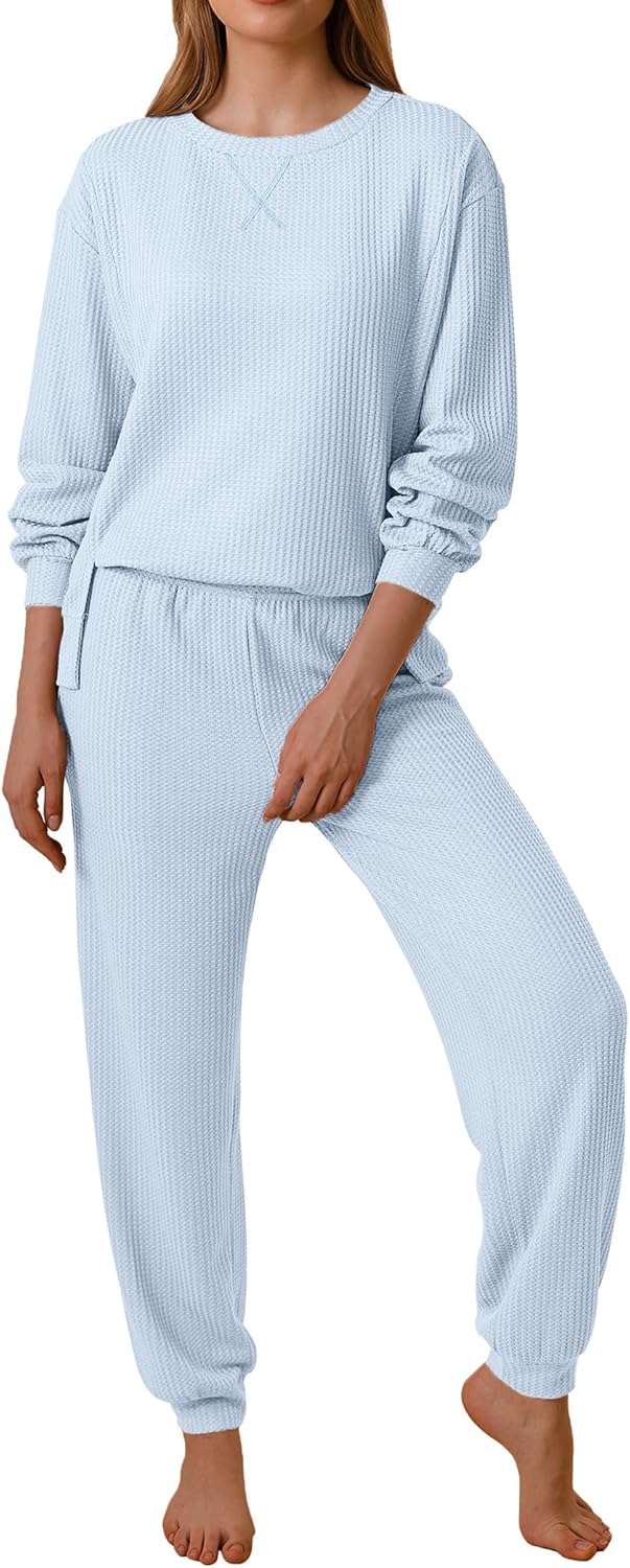 Ekouaer Waffle Knit Lounge Sets for Women Long Sleeve Pajamas Set with Pockets 2 Pieces Outfits Top and Pants