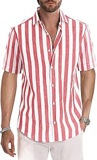 JMIERR Men's Casual Stylish Short Sleeve Button-Up Striped Dress Shirt Cotton Beach Shirts