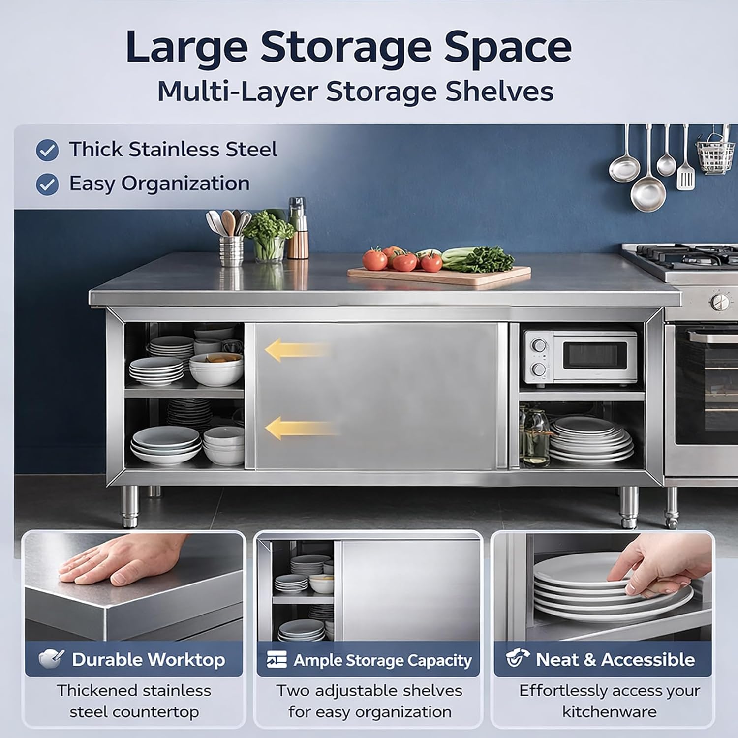 Stainless Steel Commercial Worktable, Heavy Duty Workbench w/Cabinet, Kitchen Prep Table w/Sliding Doors, Kitchen Prep Station for Restaurant, Food Service(120x60x80cm/47.2x23.6x31.4in)