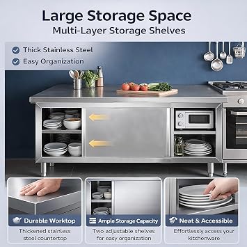 Stainless Steel Commercial Worktable, Heavy Duty Workbench w/Cabinet, Kitchen Prep Table w/Sliding Doors, Kitchen Prep Station for Restaurant, Food Service(120x60x80cm/47.2x23.6x31.4in)