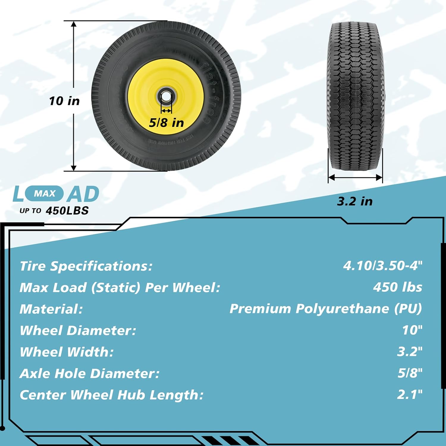 4.10/3.50-4" Flat Free Tire and Wheel, 10" Solid Tire with 5/8" Axle Bore Hole with 3/4" & 1/2" Extra Bearings, 2.2" Offset Hub for Wheelbarrow Hand Truck Garden Wagon Cart Trolley Dolly