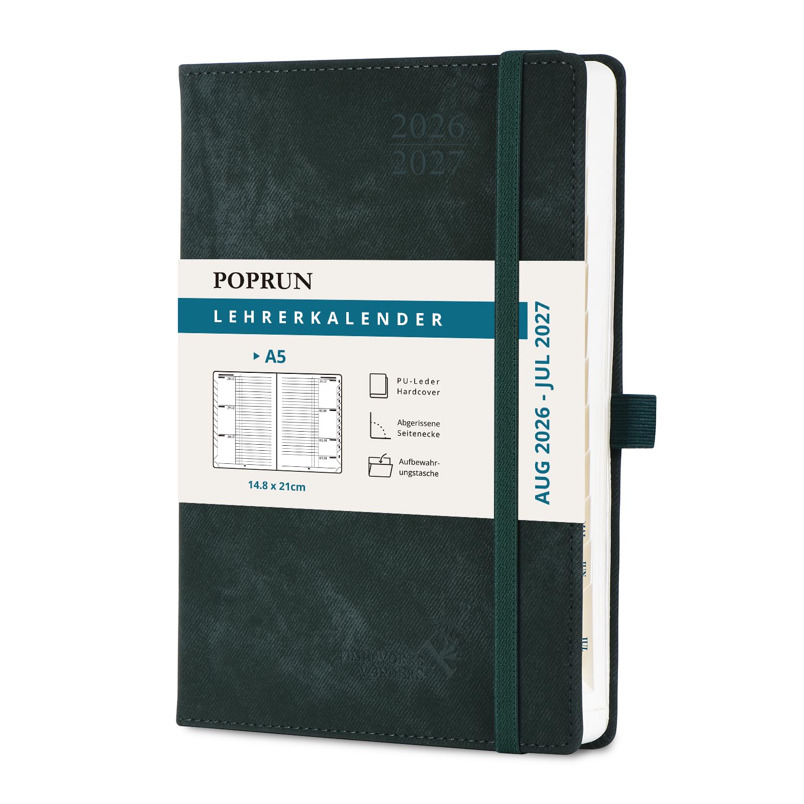 POPRUN Lehrerkalender 2026 2027 A5 auf Deutsch - Lehrerplaner für die Unterrichtsvorbereitung mit Monatliches Register. Schulplaner mit PU-Leder Hardcover