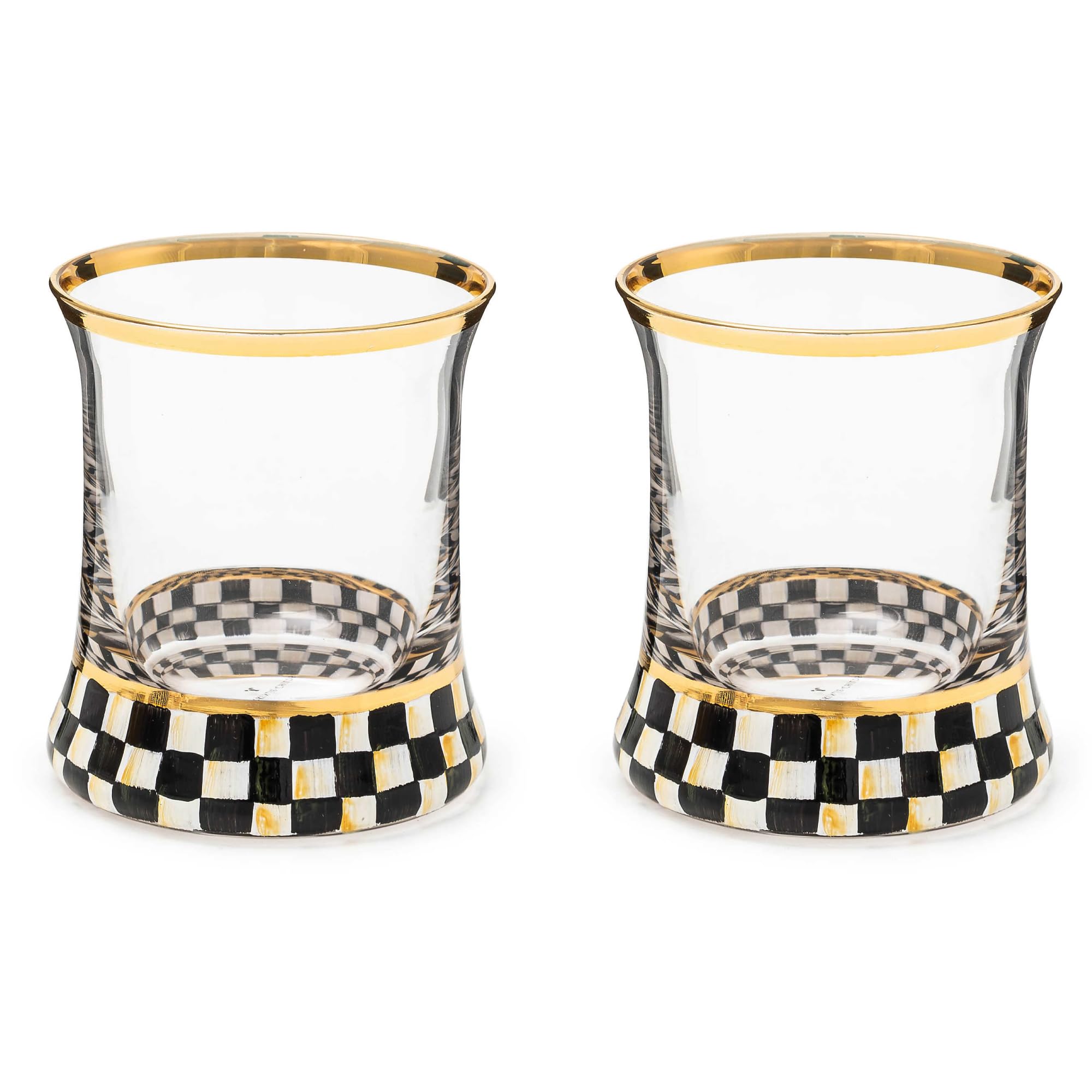 MACKENZIE-CHILDS Tumbler Glasses Elegant Drinkware Glasses with Gold Rim 8 Ounces Set of 2 Black-and-White Courtly Check