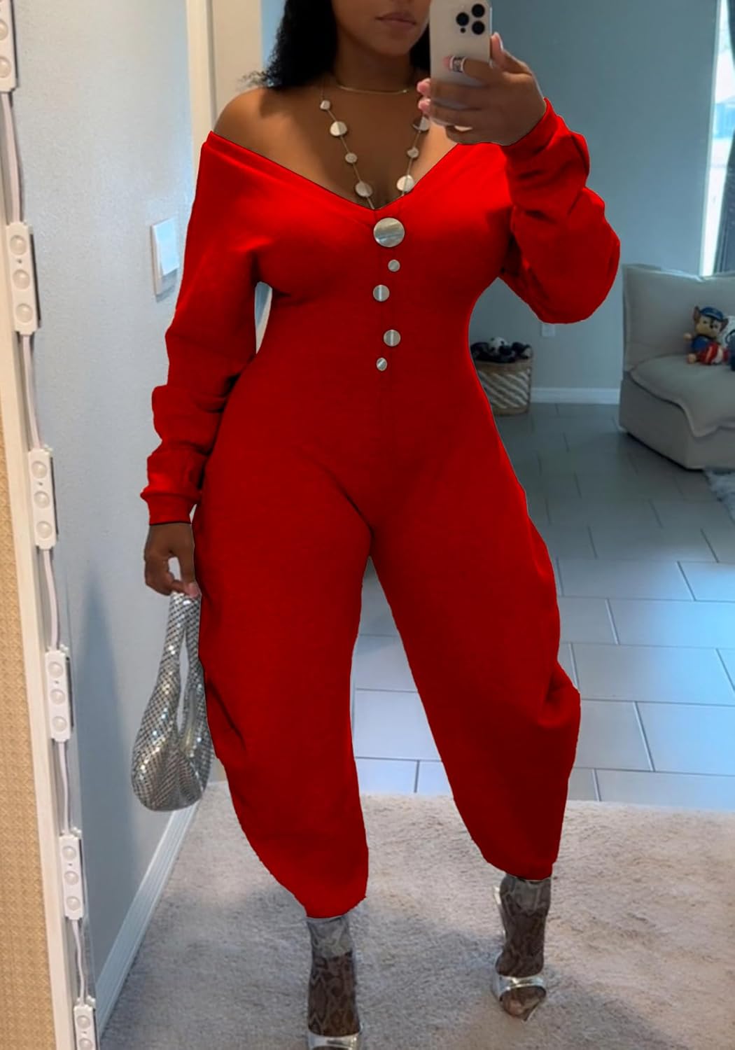 NRTHYE Women's Casual One Piece Jumpsuits Sexy V Neck Off Shoulder Long Sleeve Wide Leg Club Sweatsuit Outfits Rompers - Image 5
