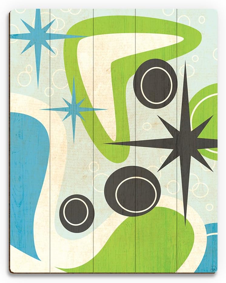 Retro Sparkle Boomerang in Green and Blue: Postmodern Mid-Century Graphic Drawing Illustration Starburst and Abstract Shapes in Turquoise & Lime Wall Art Print on Wood