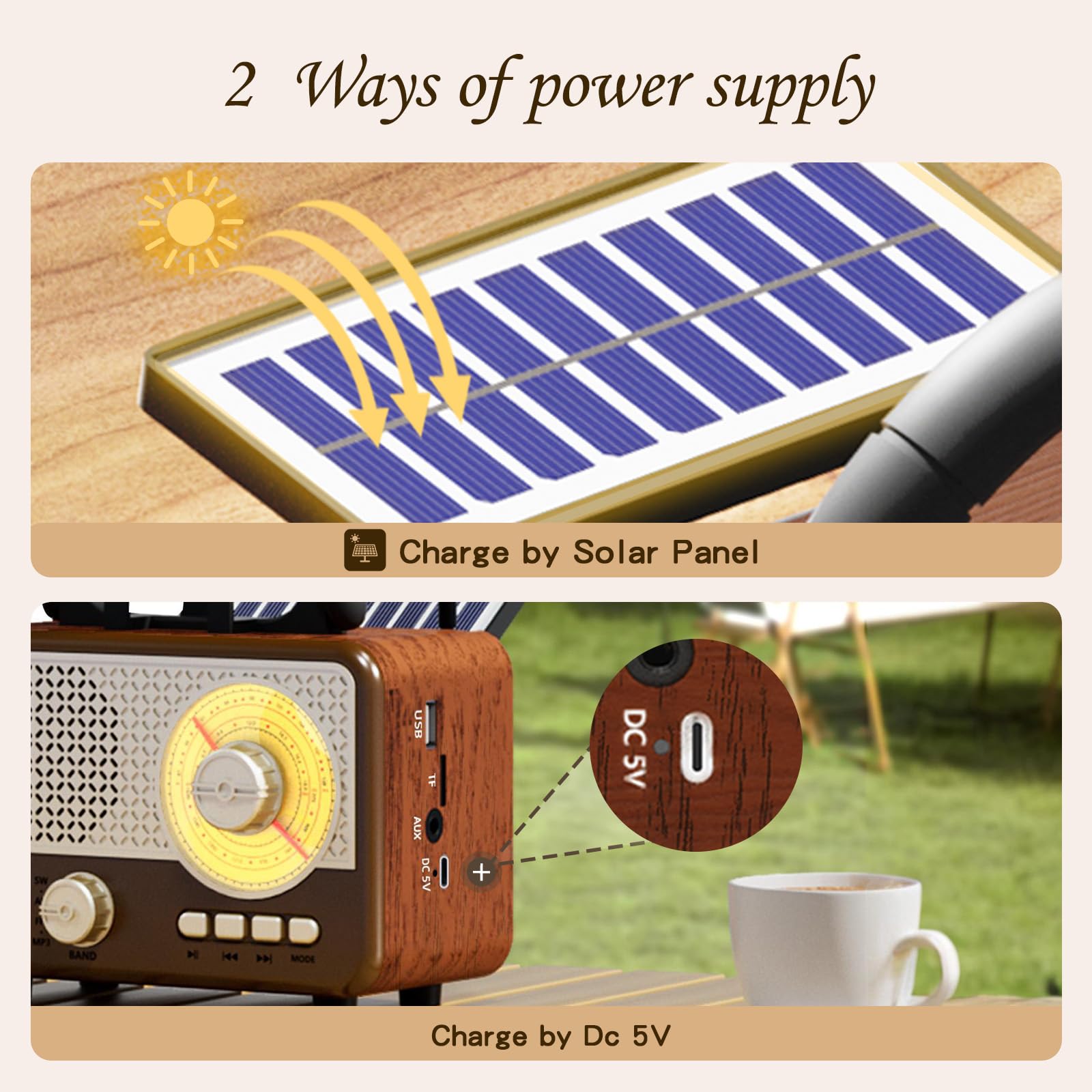 Radio Tragbar AM/FM/SW Outdoor Solar Retro Radio mit Bluetooth Lautsprecher Klein mit Stromkabel,Küchenradio Büro Handyständer Unterstützt USB/TF/AUX Funktion für Wandern Camping Geschenke für Männer