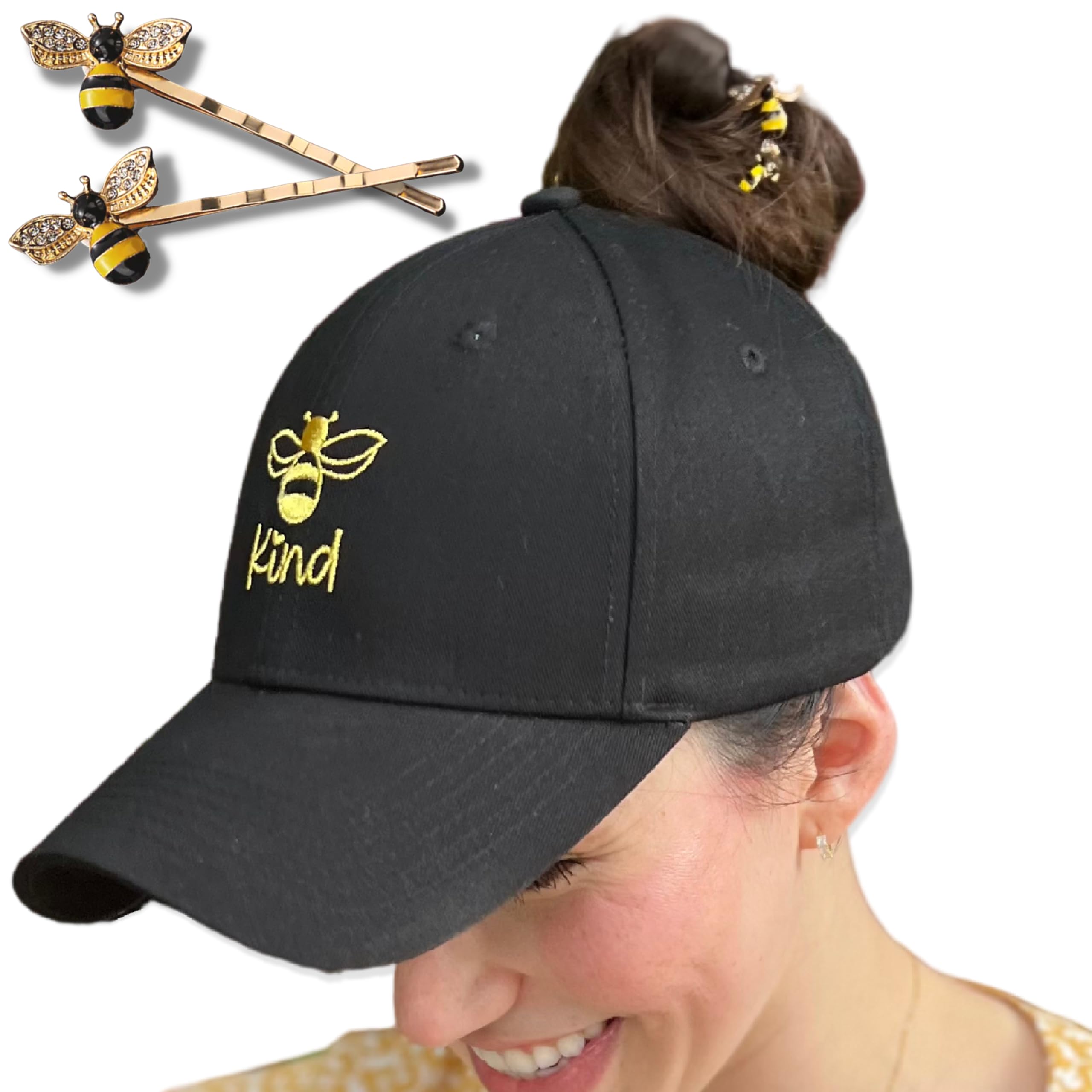 GIFTGET Bee Kind Messy Bun High Ponytail Hat w/ 2 Honey Bee Hair Pins - Hive Bumble Bee Accessories - Crazy hat for Adults - Silly Hat - Crazy Hair Day - Bee Themed Gifts for Women