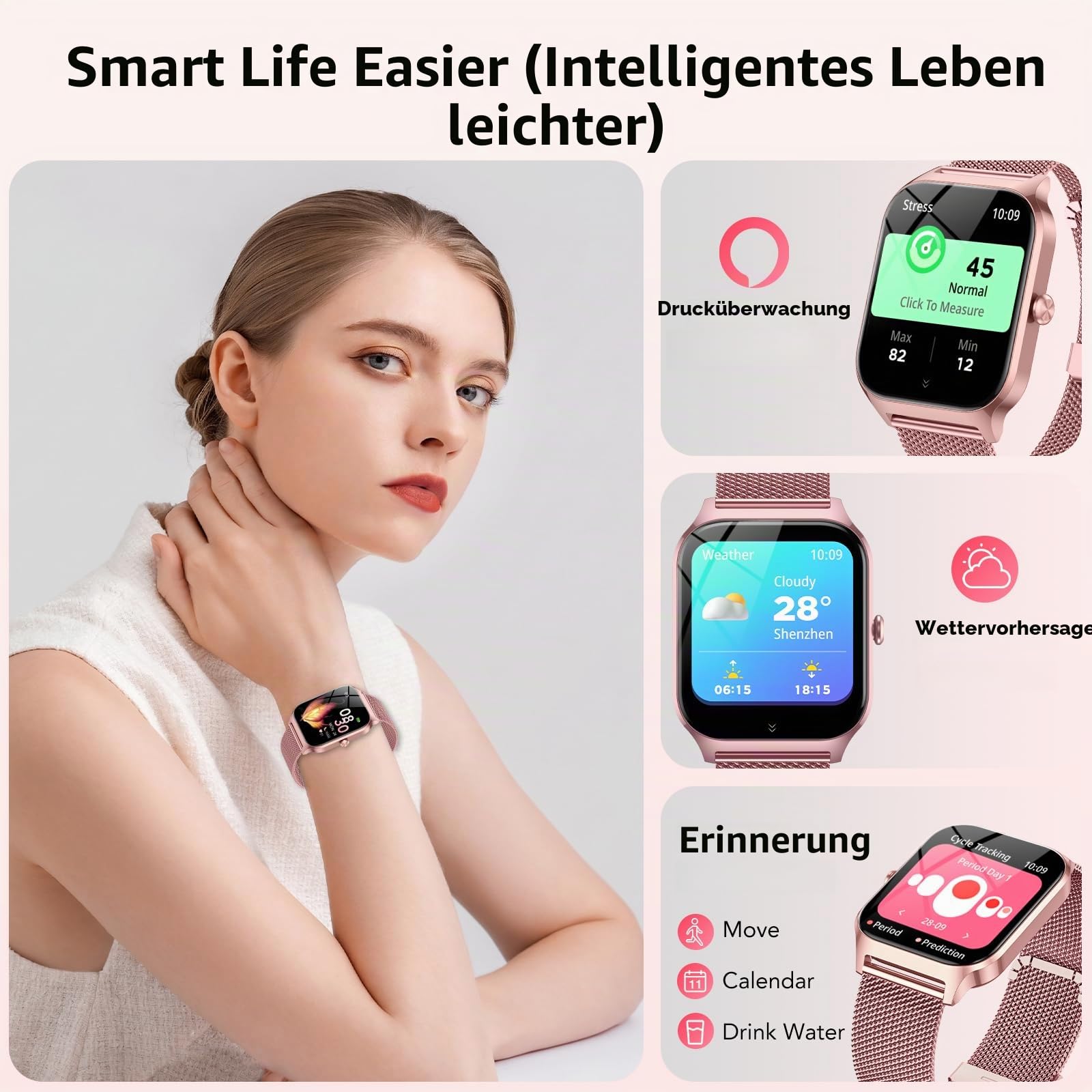 Smartwatch Damen mit Telefonfunktion, 1.85" HD Uhren mit Herzfrequenz SpO2 Schlafmonitor Schrittzähler, 120+ Sportmodi Fitnessuhr, IP68 Fitness Tracker, Smart Watch Kompatibel für Android iOS Rosa