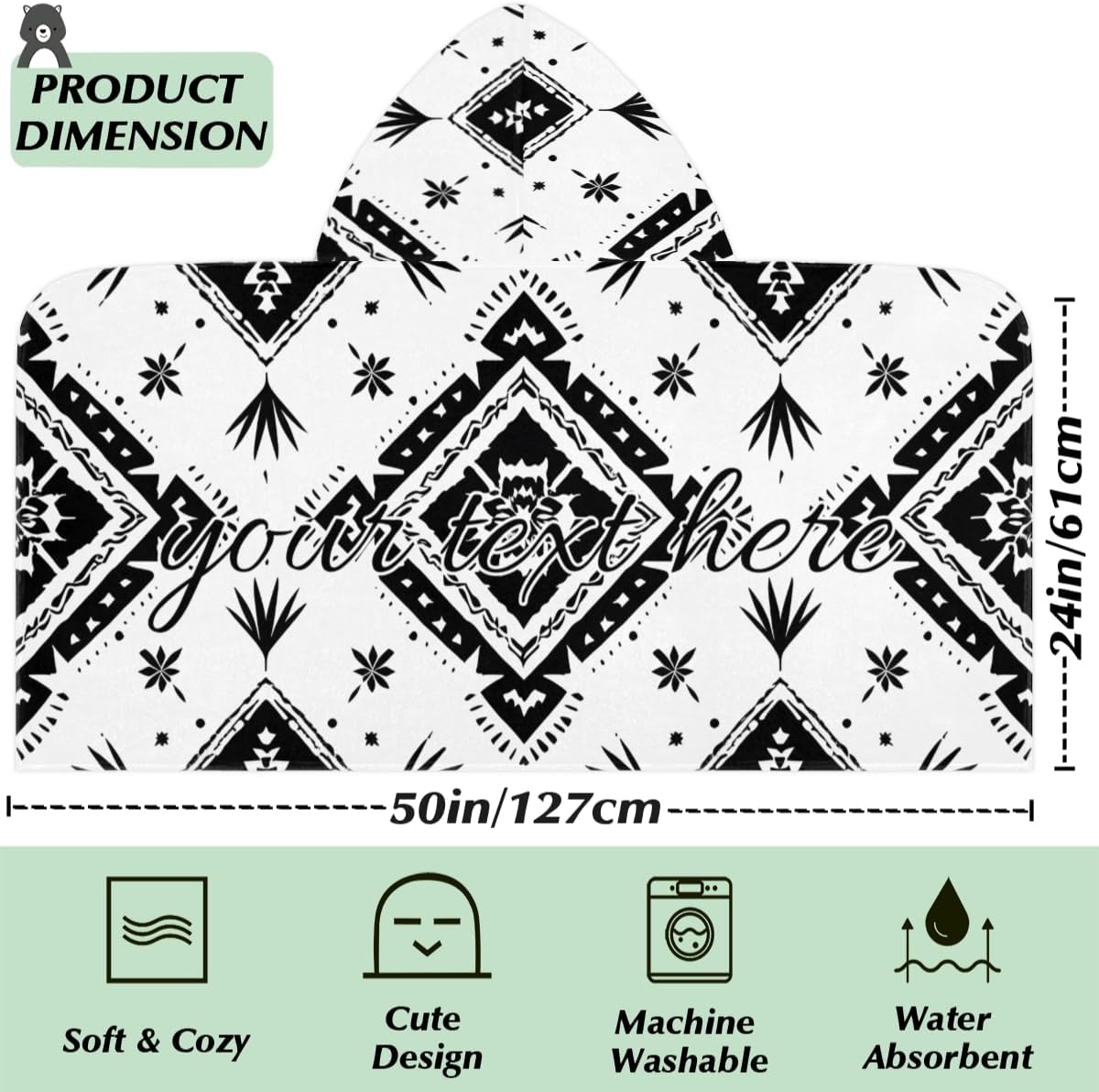 Southwest Aztec Black White Personalized Kids Beach Towel for Boys Girls, Custom Name Hooded Bath Towel Quick Dry Absorbent Beach Blanket Pool Swimming Towels