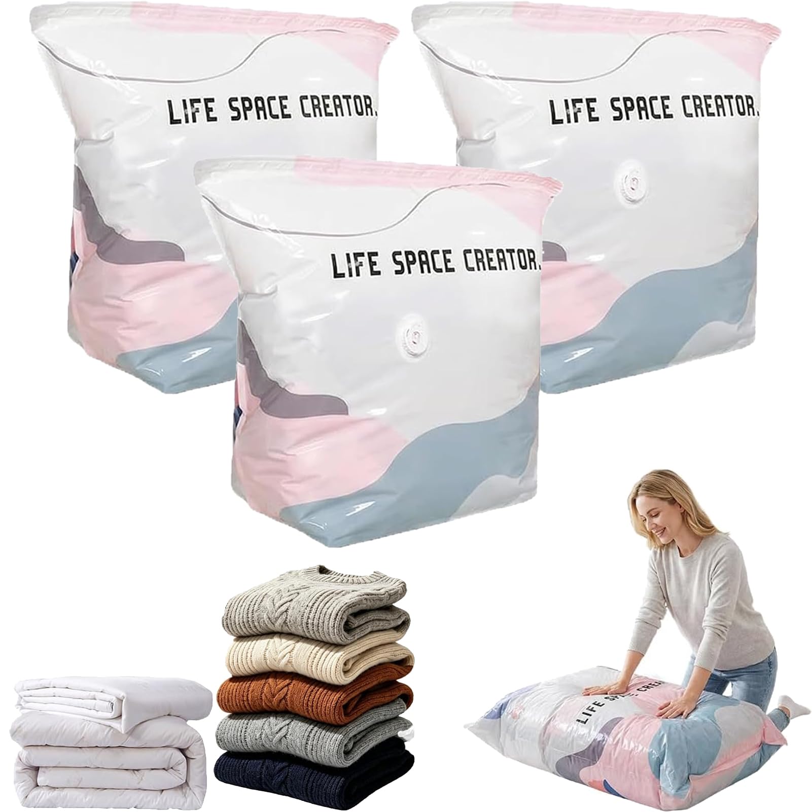 Vacuum Storage Bags No Pump, 3D Compression Bags – Roll Up Airtight Storage Bags for Clothes, Duvets, Bedding & Travel, Reusable Space Saver Compression Bags, Wardrobe & Suitcase Organiser (3*M)