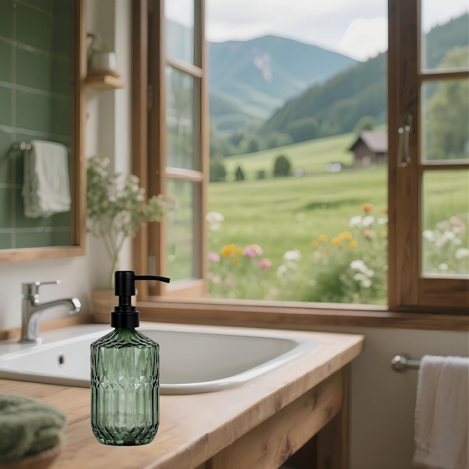 18oz Green Glass Soap Dispenser with Black Rustproof Pump