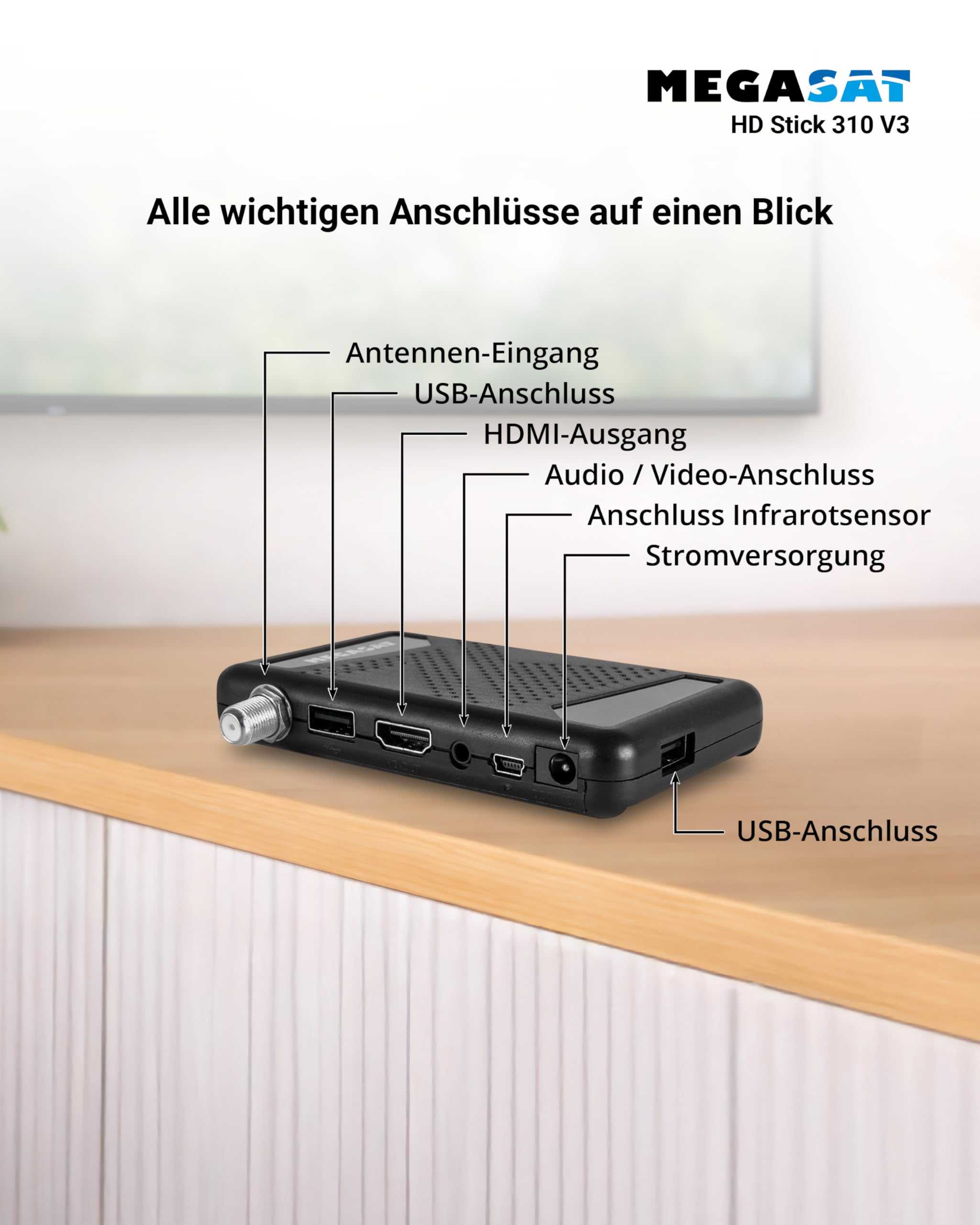 Megasat HD Stick 310 V3 – HD-Sat-Receiver, für versteckte Montage – Schwarz | Nur 10,8 × 1,8 × 6,5 cm, klein & kompakt, 2 × USB für Medienwiedergabe, Infrarotsensor