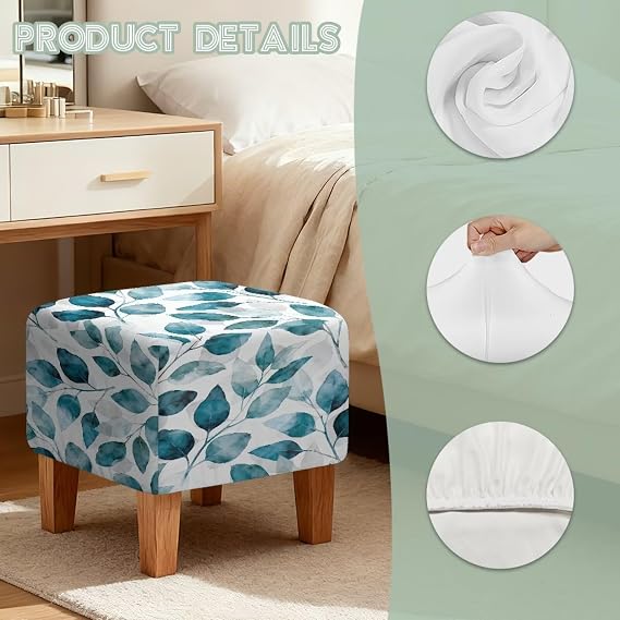 Leaf Print Square Stool Cover Folding Elastic Storage Ottoman Slipcovers Non-Slip Cube Ottoman Footstool Cover Washable Furniture Protector with Elastic Bottom
