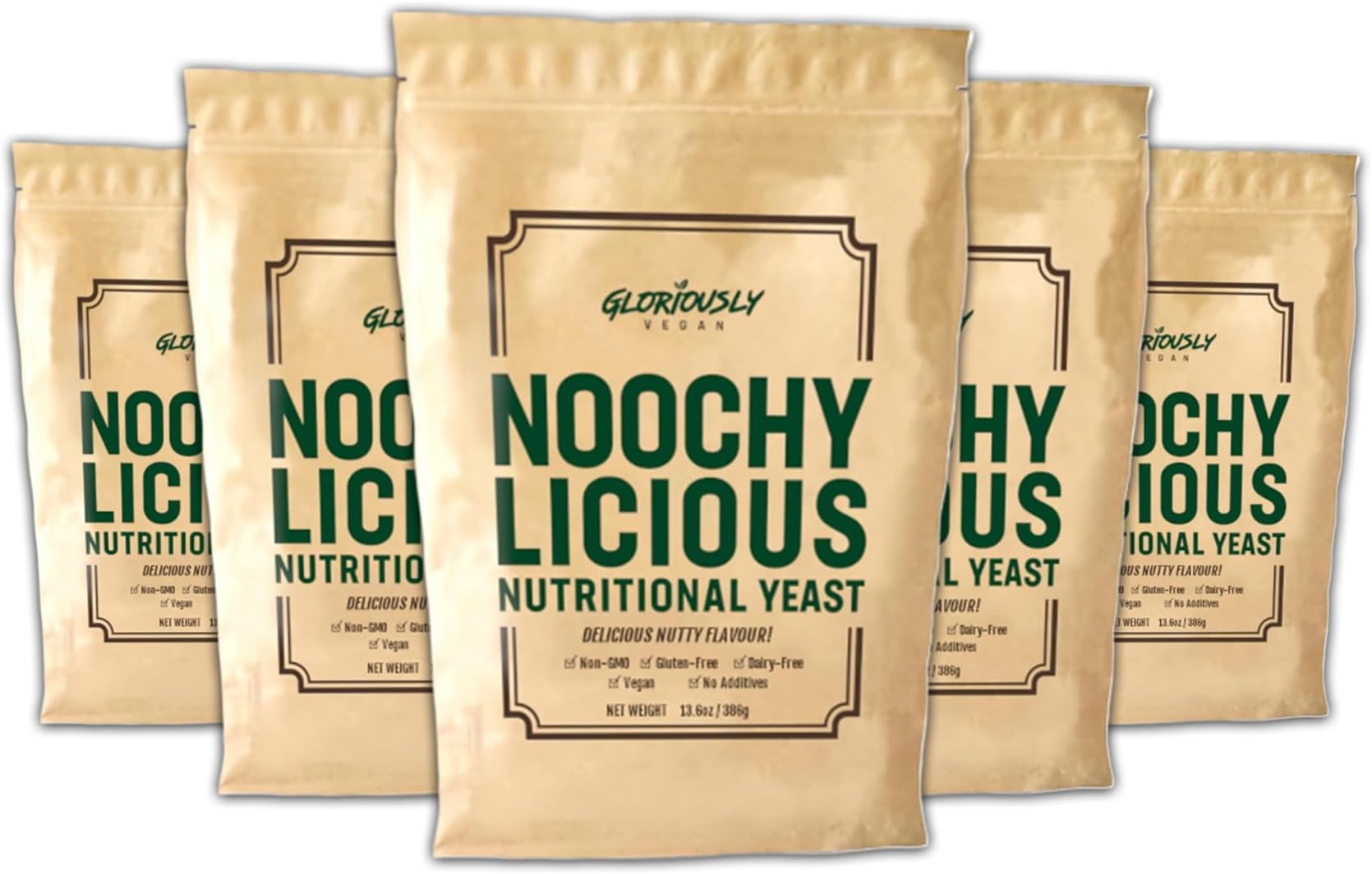 Gloriously Vegan, Noochy Licious Nutritional Yeast – Best-Tasting Vegan Cheese Flavor – Non-GMO, Gluten-Free, Dairy-Free, Rich in Fiber, Vitamins & Minerals – 5 x 13.6 Ounce Mega Value Bag